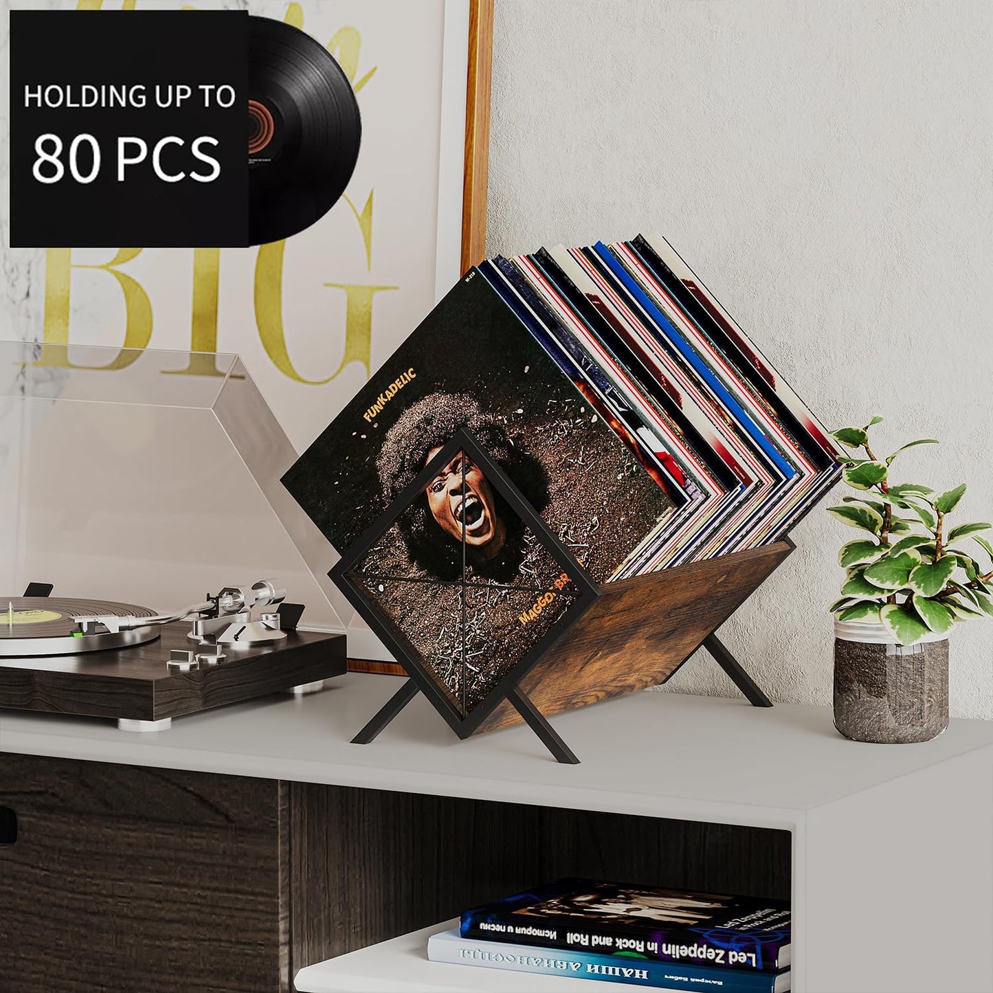 YINMIT Vinyl Record Holder, 80-100 LP Vinyl Record Storage Rack, Quick Assembly Vinyl Record Display, Retro Style