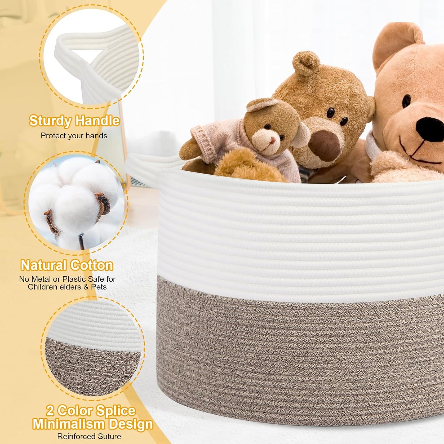 Large Laundry Basket 22''x14''Woven Cotton Rope Baby Blanket Basket / White//brown / 100L