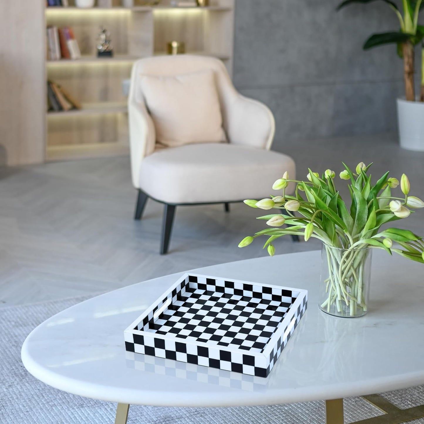 Decorative Serving Tray / 12 x 12 x 1.5 / Illusion Check / Black