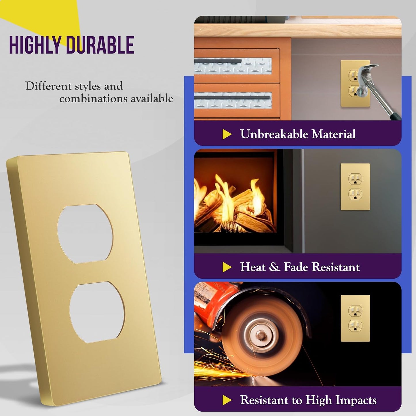 ENERLITES 5 Pack Screwless Duplex Outlet Covers Wall Plate, 1-Gang, Gold | Child safety, Elite series, modern finish