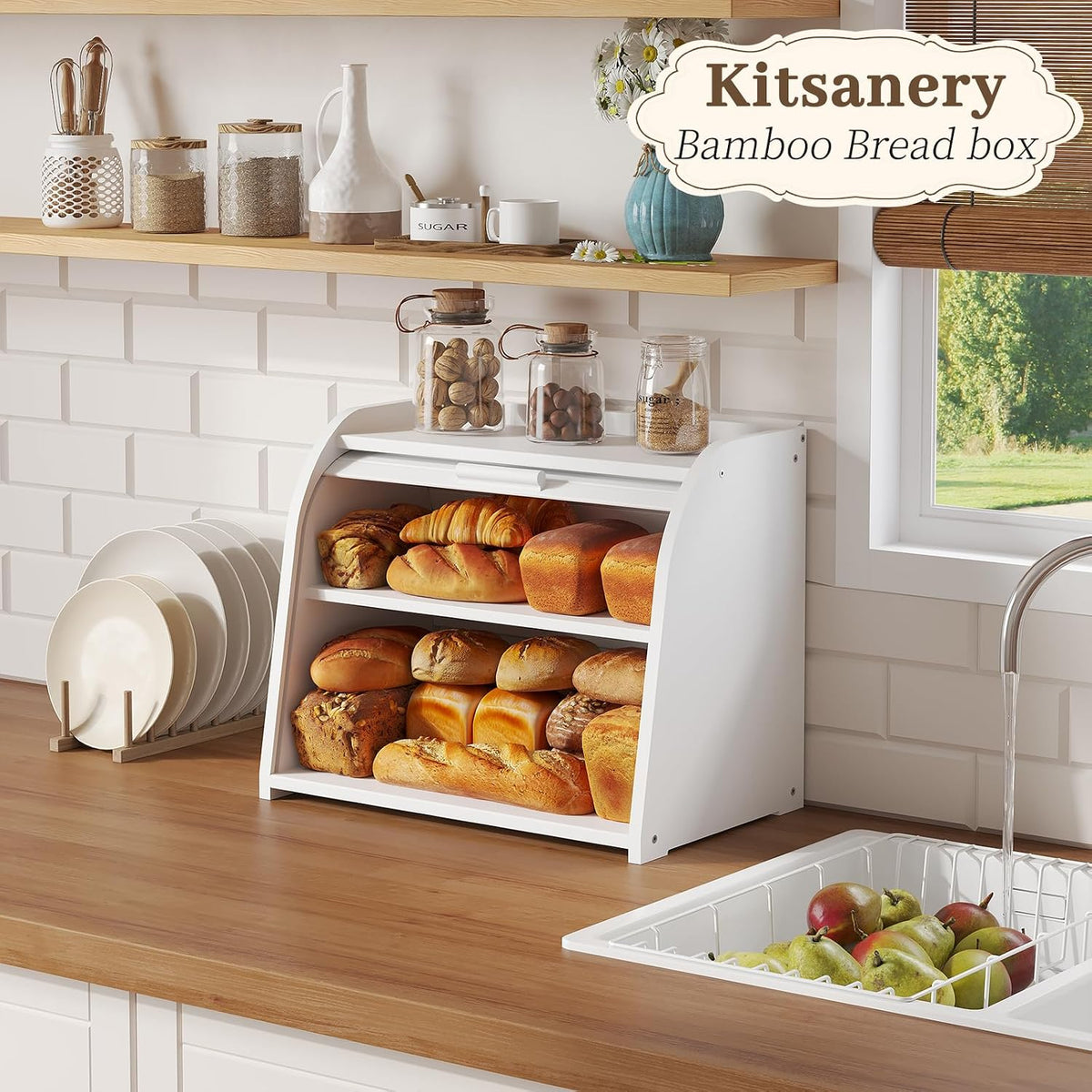 Kitsanery Bread Box for Kitchen Countertop, Bamboo Bread Storage, Double-Layer Roll-Top Bread Container, Farmhouse