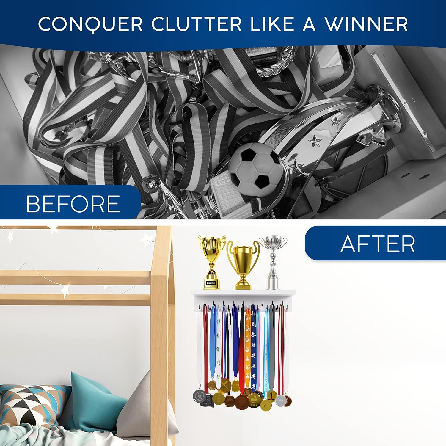 EVERMORE Medal Hanger Display and Trophy Shelf with Hooks - Wooden Medal Holder for Wall Mount Ribbon Display, Trophy