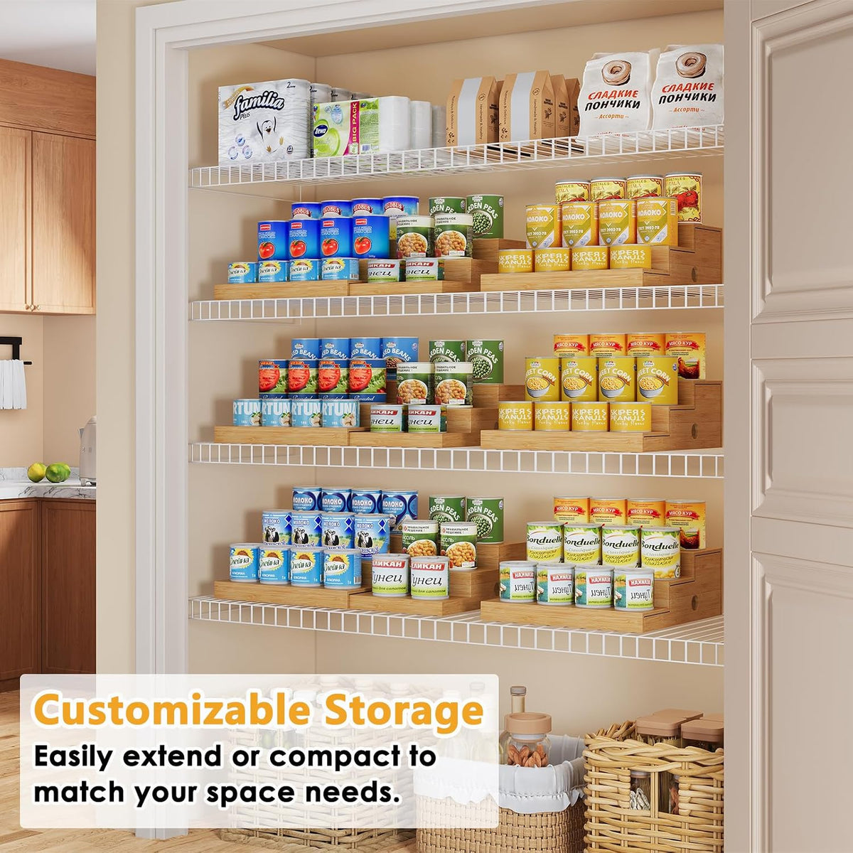 2-Pack Expandable Bamboo Can Organizer for Pantry Display, Holds 48 Cans | 3-Tier Adjustable Can Storage Holder, Soda &