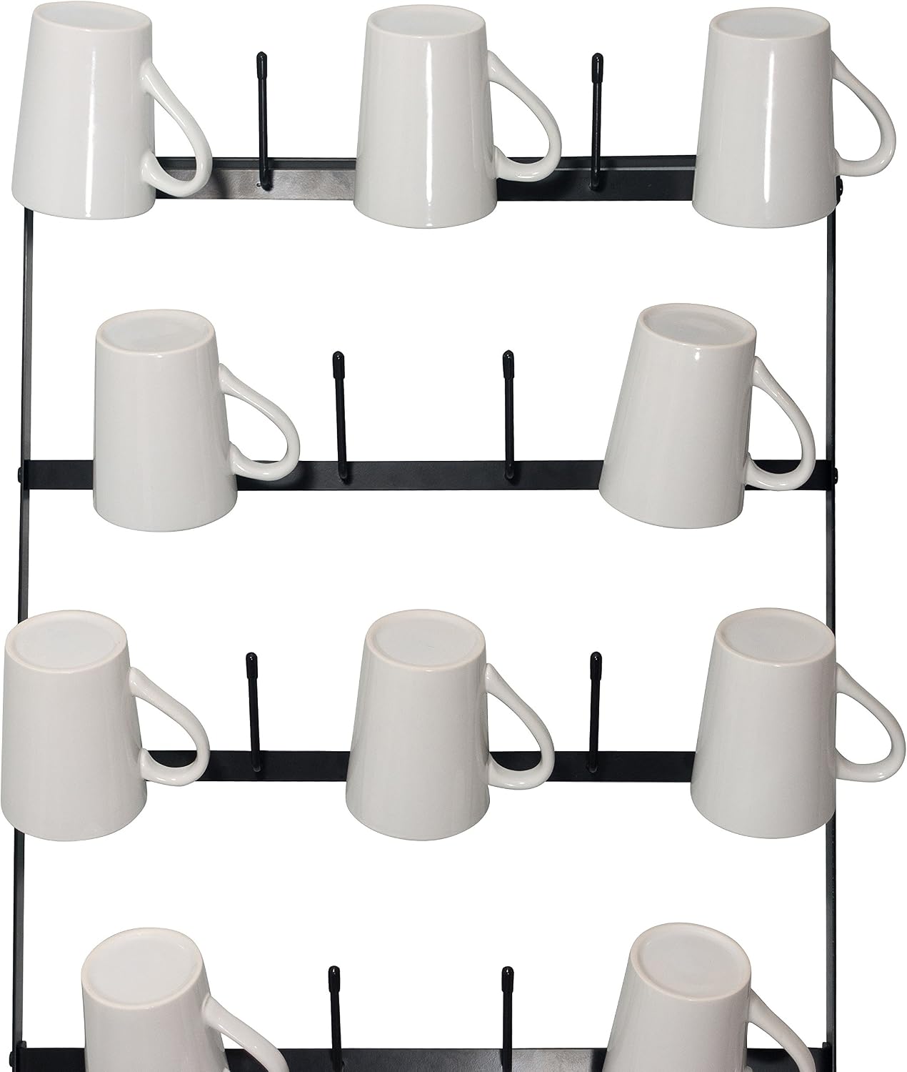 Wall Mounted Coffee Mug Rack - Large Rustic Black Iron Steel Kitchen Rack with 6 Rows - Storage for 27 Cups - Jar &