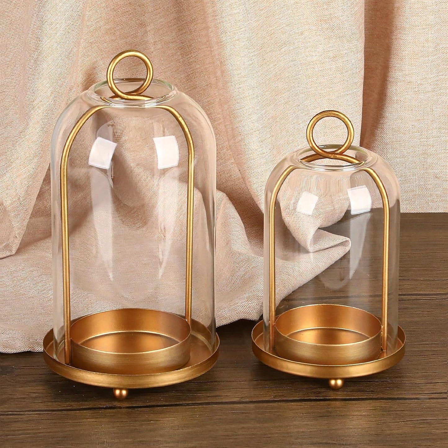 Vintage Brass Metal Candle Lantern with Thick Glass Dome Set of 2 | Shabby Chic Style Candle Holders (5.25"x10" &