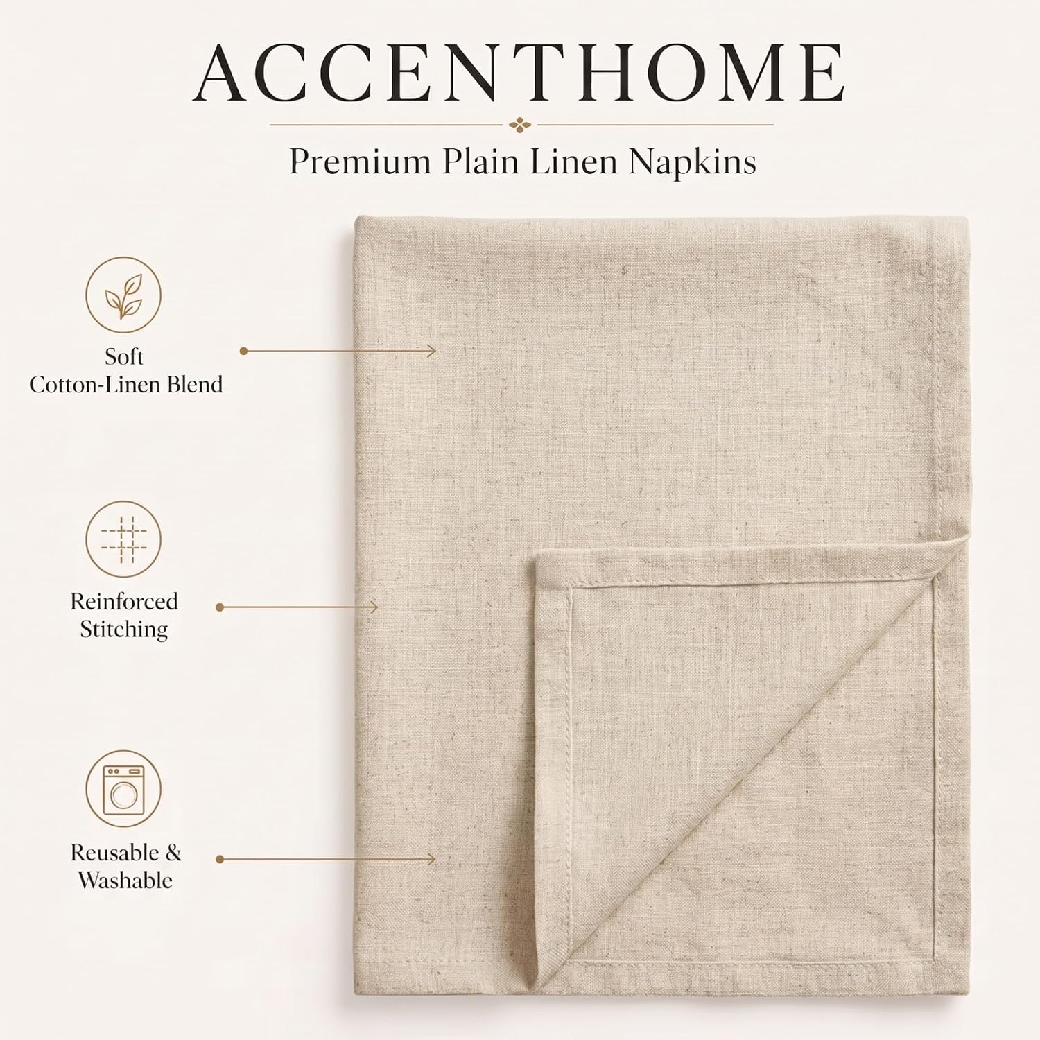 ACCENTHOME Natural Cotton Linen Napkin Set of 12 18x18 inch Dinner Napkins | Cotton Linen Blend Napkins, Machine Wash