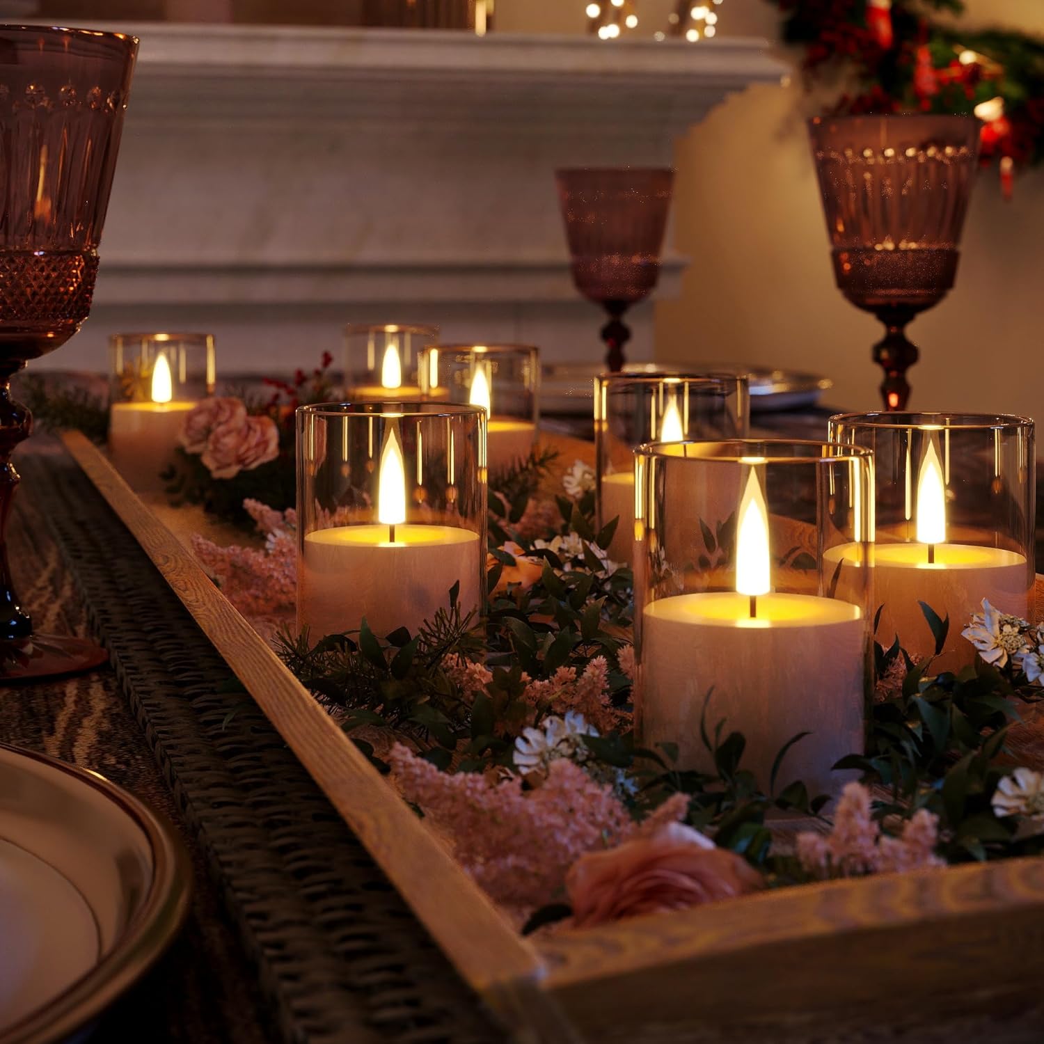 VIODAIM 6Pack Flickering Flameless LED Candles with Remote & Timer, Battery Powered - Small Pillar & Votive, Clear