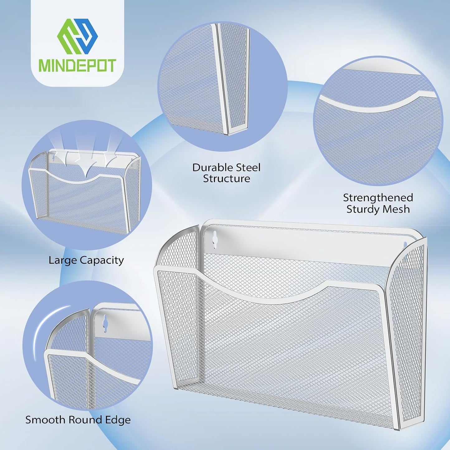 MINDEPOT Wall File Organizer, Hanging Wall File Holder, 6 Pack, Silver | Heavy Duty Iron, Metal Mesh Wall Mount, Single