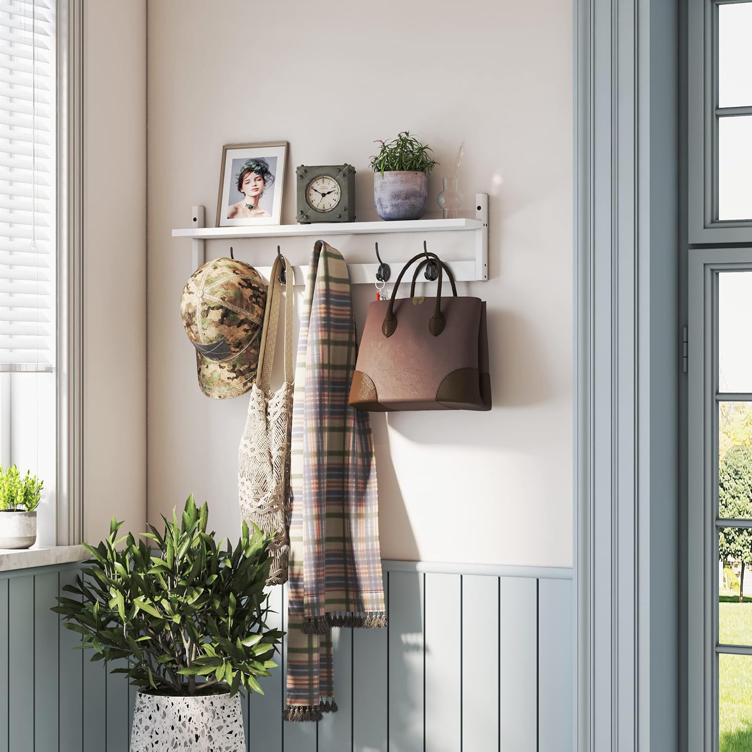 AMBIRD Wall Hooks with Shelf | Entryway Hanging Wood Coat Hooks | Wall-Mounted Rack with 5 Dual Hooks | Bathroom