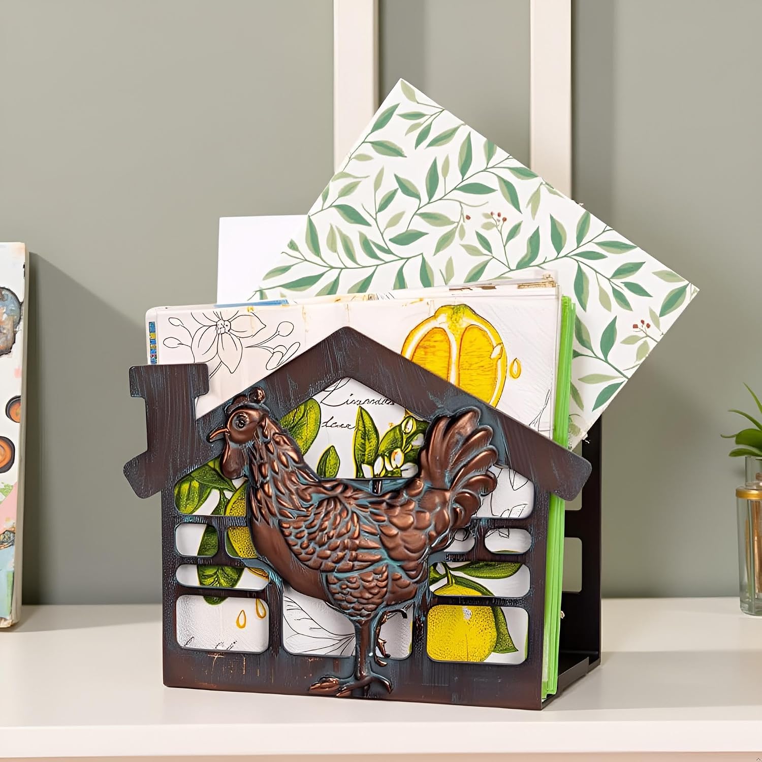 Metal Napkin Holder / Antique Copper Patina / Rooster