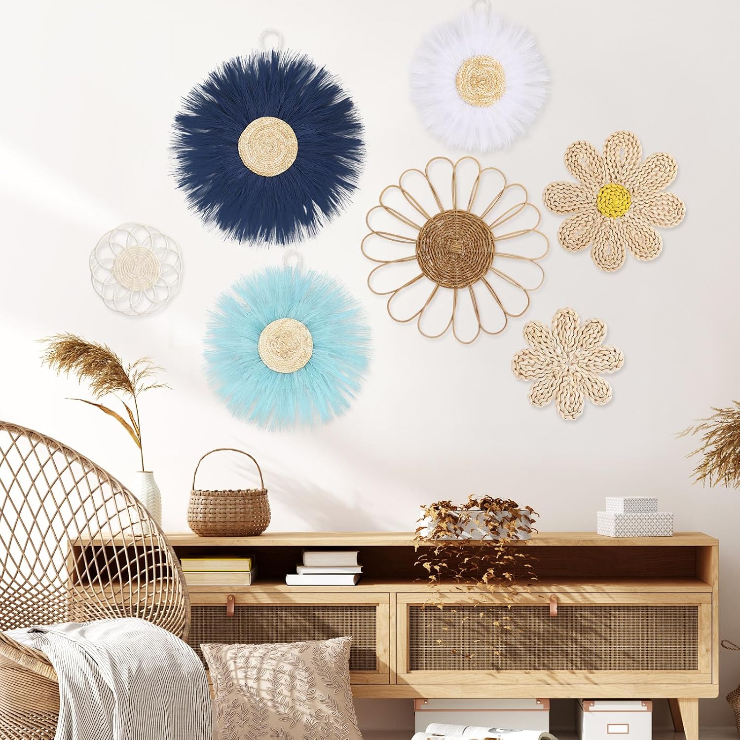 Boho Wall Basket Decor Rattan Flower Wall Decor Nursery Daisy Flower Woven Macrame / Blue / Set of 7