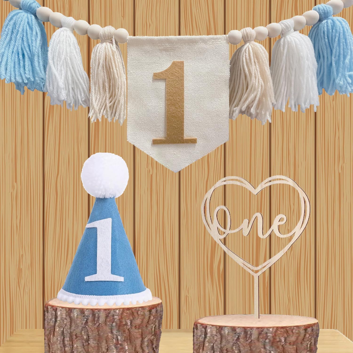First Birthday Party Decorations Highchair Wood Bead Tassel Garland 1st / Khaki Banner / Blue