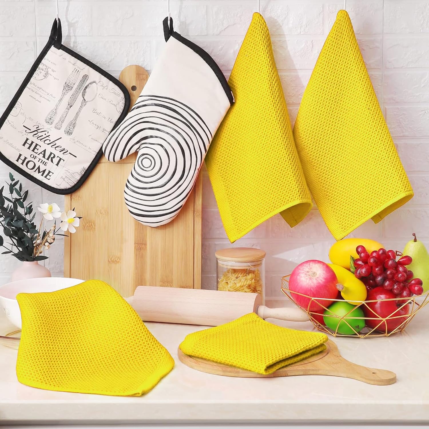 Homaxy 100% Cotton Waffle Weave Kitchen Dish Cloths 12-Pack, Yellow | 12 x 12 Inches, Ultra Soft Absorbent Dish Towels
