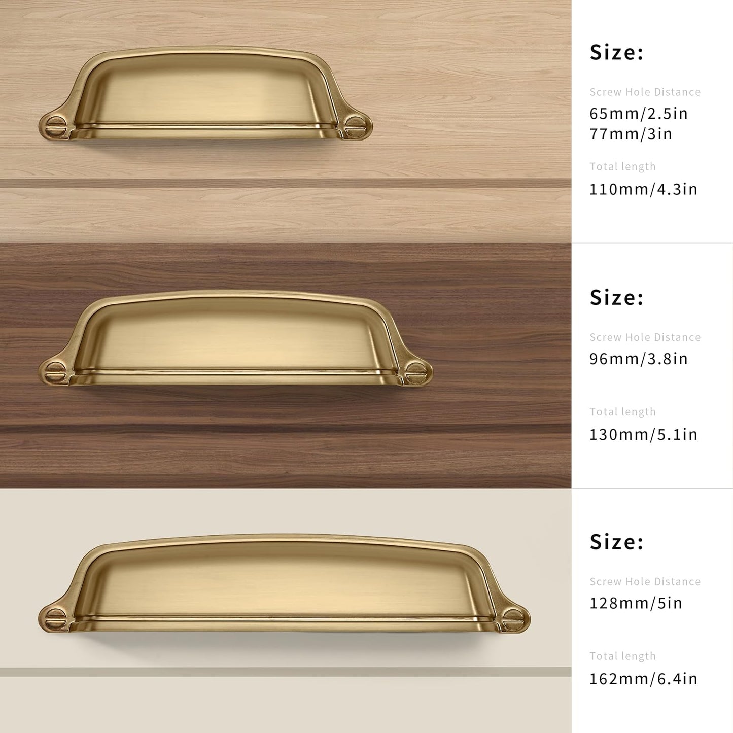 Easy to Install / Cup Pulls 3 Inch Hole Center / Brushed Brass / Gold / 3 Inch