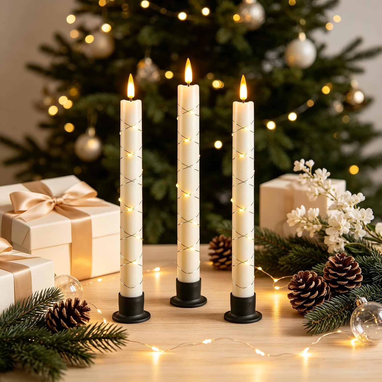 Da by 3 Pack Ivory Heat Resistant Flameless Taper Candles, Cross Surrounding Fairy String Lights, Realistic Dynamic