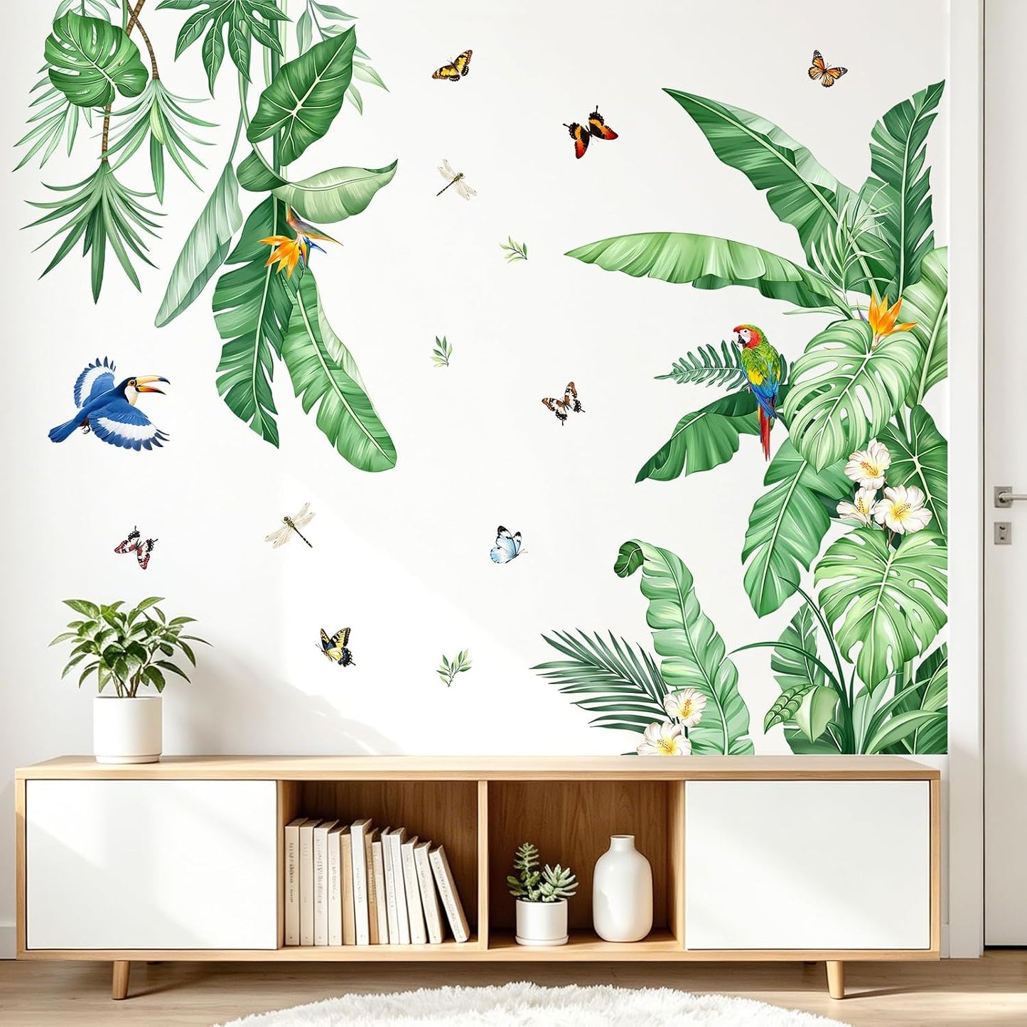 Tropical Palm Leaves Wall Decals Nature Jungle Leaf Plants Birds Wall Art Stickers / Green