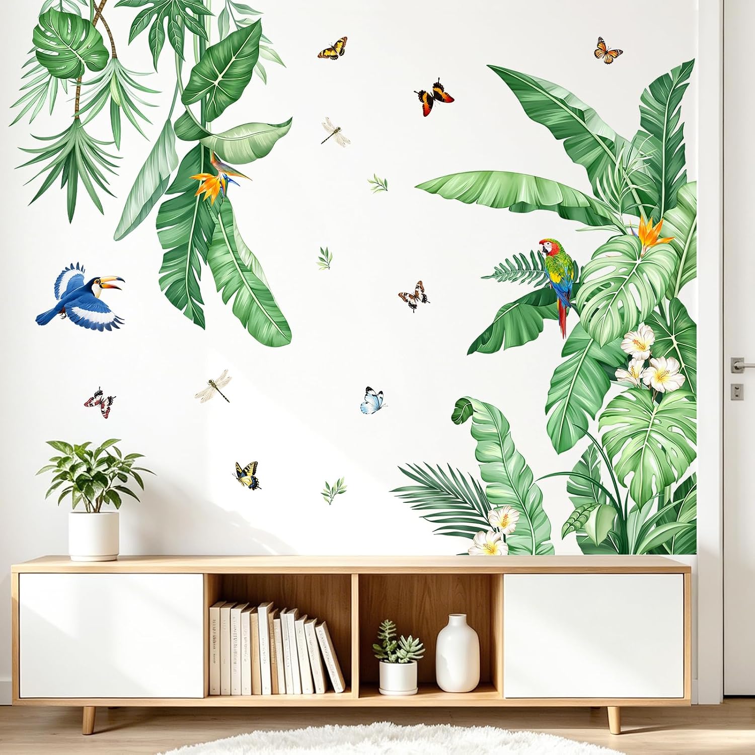 Tropical Palm Leaves Wall Decals Nature Jungle Leaf Plants Birds Wall Art Stickers / Green