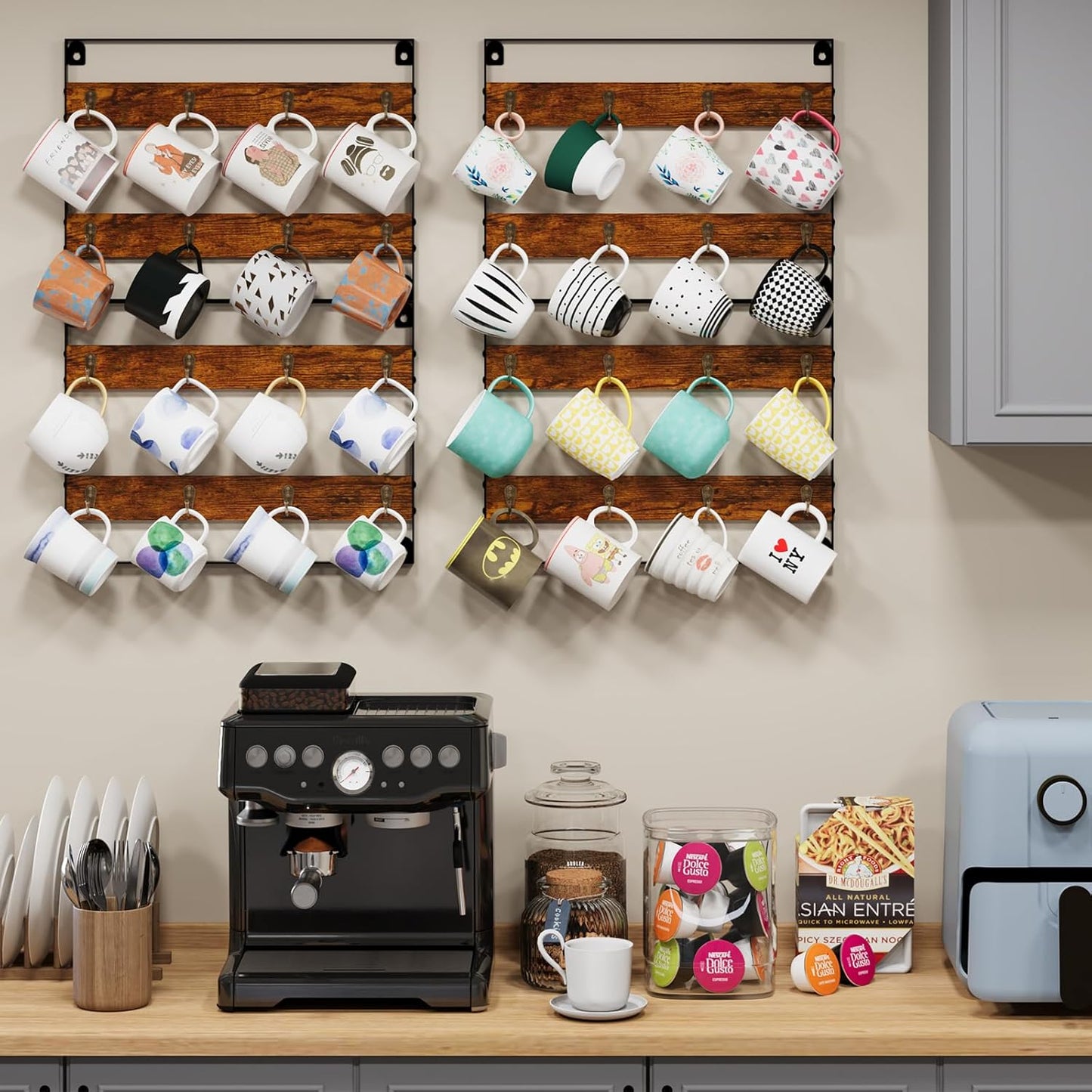 Huxitocan Wall Mount Coffee Mug Holder - Rustic Wood and Iron, Holds Up to 24 Mugs (3Pack) for Kitchen, Home, Coffee Bar