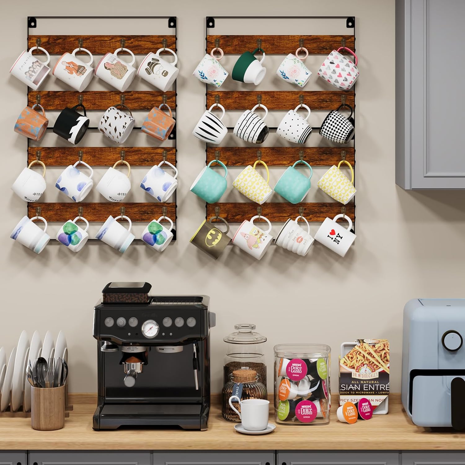 Huxitocan Wall Mount Coffee Mug Holder - Rustic Wood and Iron, Holds Up to 24 Mugs (3Pack) for Kitchen, Home, Coffee Bar