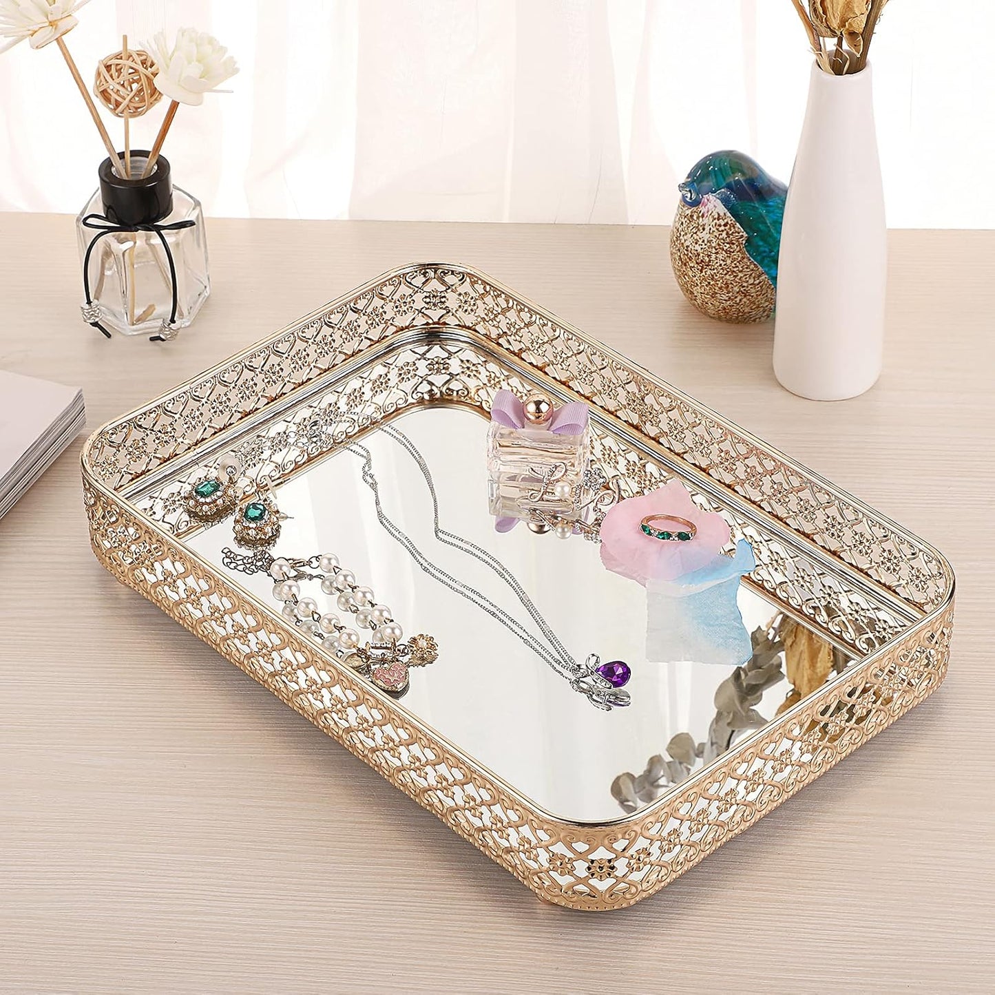 Glass & Metal Trinket Organizer for Dresser & / Gold / 11.8 x 7.9 x 2