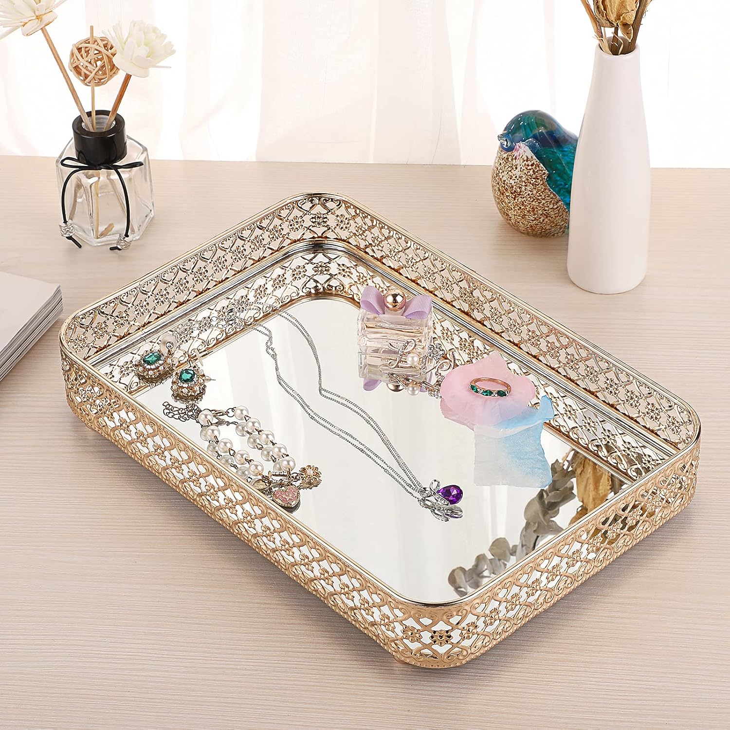 Glass & Metal Trinket Organizer for Dresser & / Gold / 11.8 x 7.9 x 2