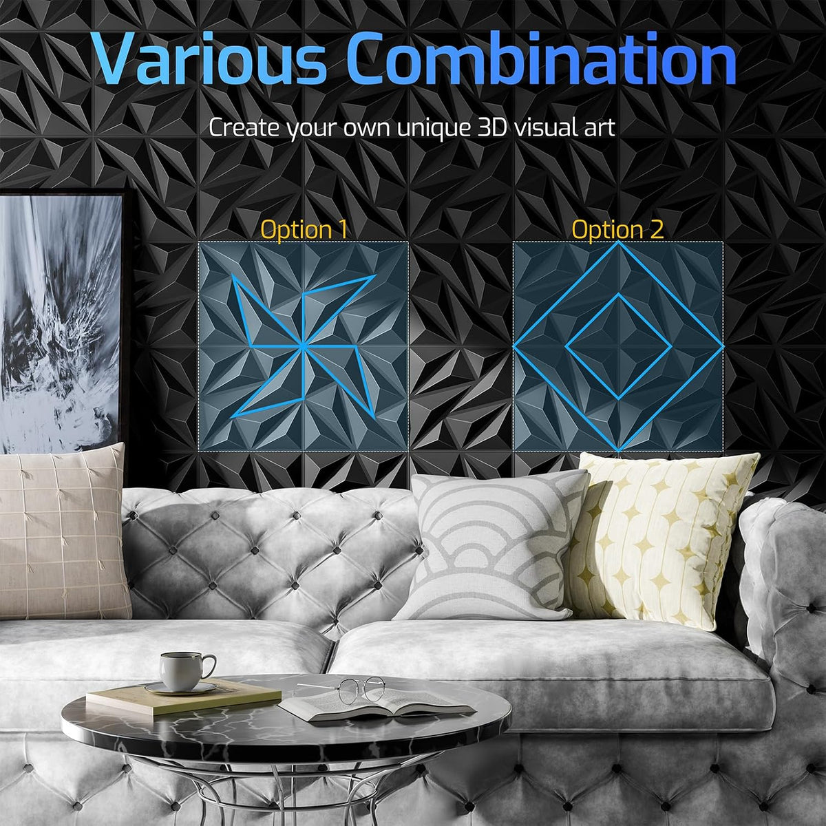 3D Wall Panels Black 16 Pack (Covers 15.5 Sq.Ft), 12" x 12" Diamond Texture Premium PVC Wall Tiles for Interior Decor