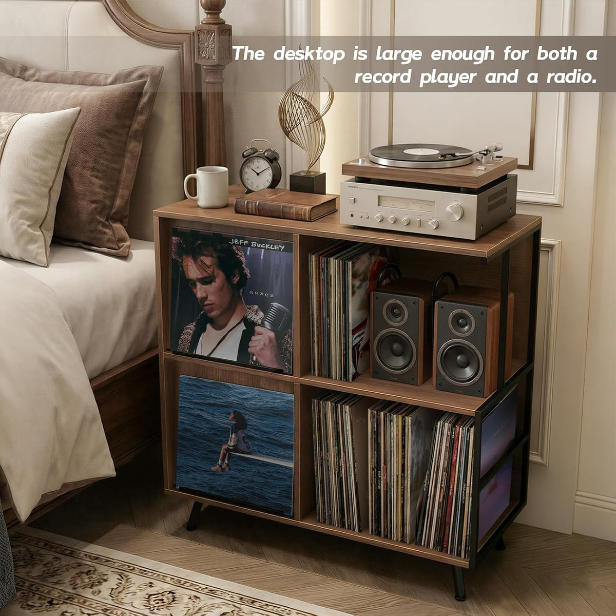 Faesun 3 Tier Record Player Stand with Flip-Down Record Shelf, Walnut | Vinyl Record Storage Holds up to 300+ Albums