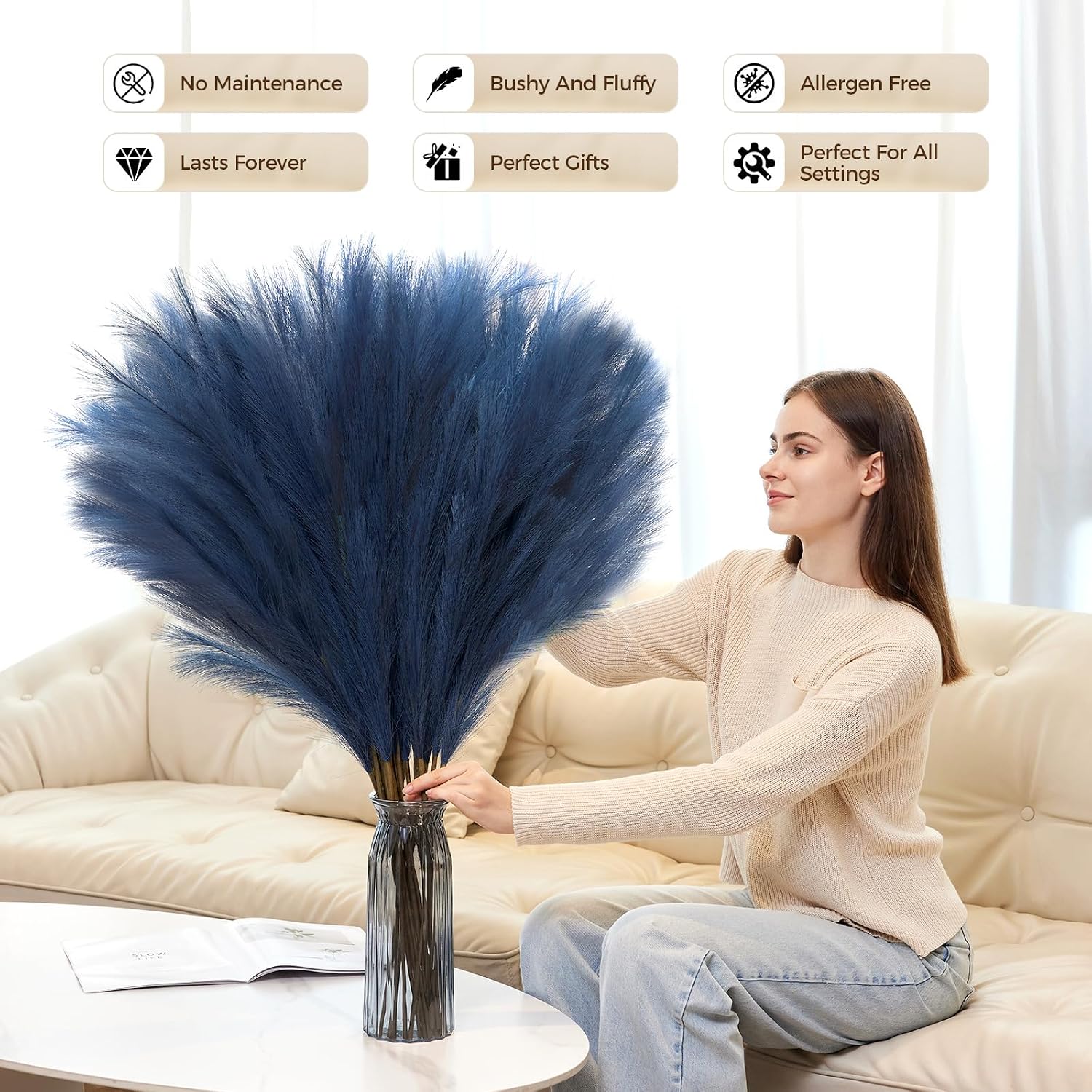 Large Tall Fluffy Artificial Fake Flower / Blue / 3.2 Inch / Set of 10