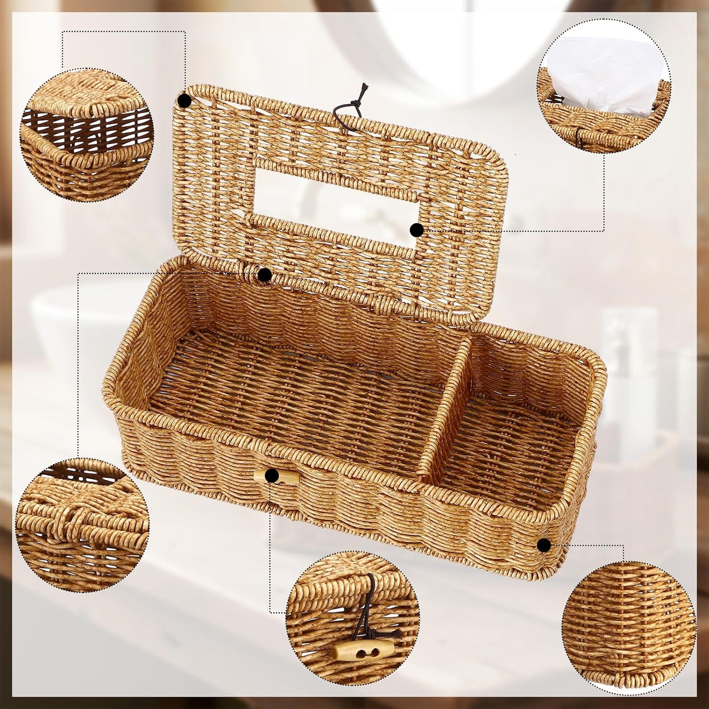 Rectangular Rattan Tissue Box Cover Rustic Boho Decorative Seagrass Woven Wicker Facial / Natural