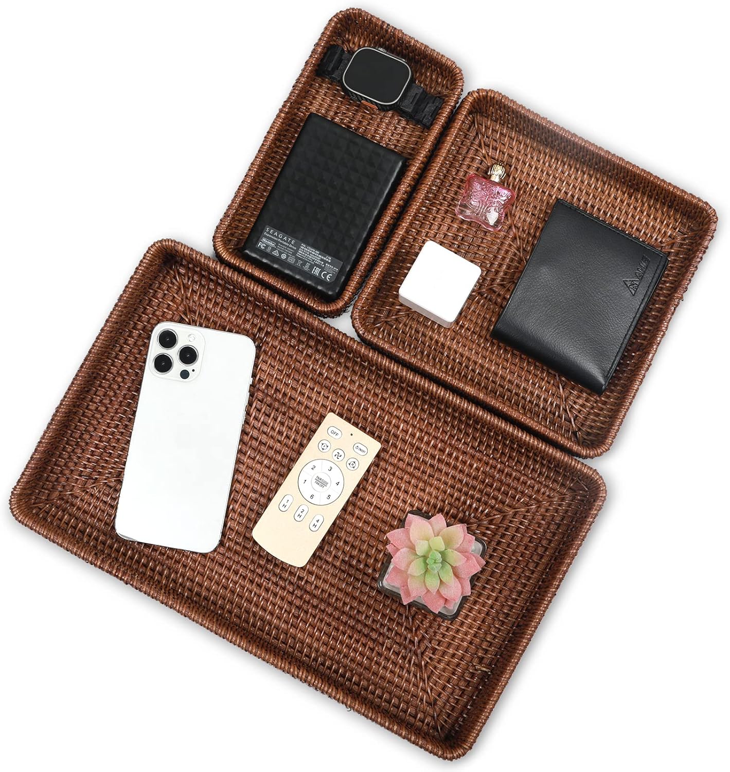 Rattan Tray / Rectangular Woven Tray / Dark Brown / Set of 3