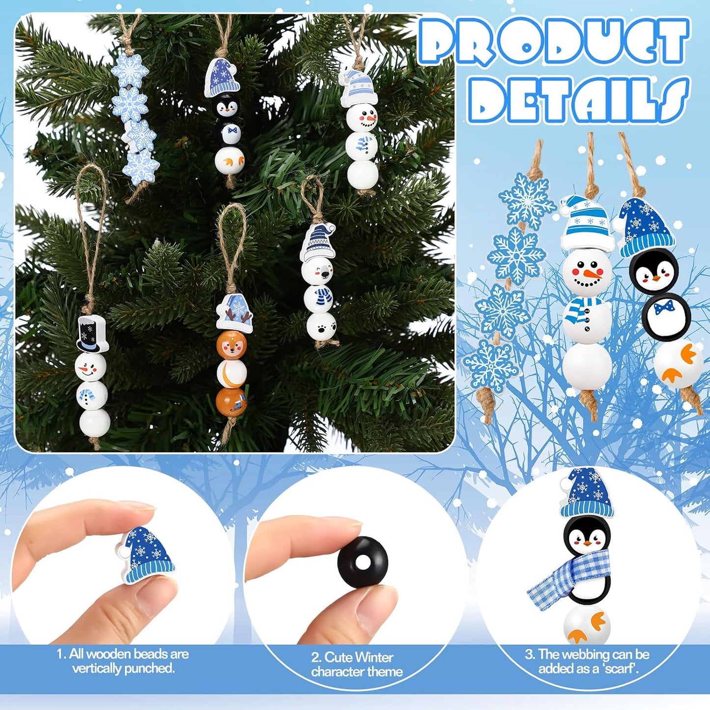 Twine Snowman Gingerbread Man Nutcracker Wooden Bead Garland / Set of 240