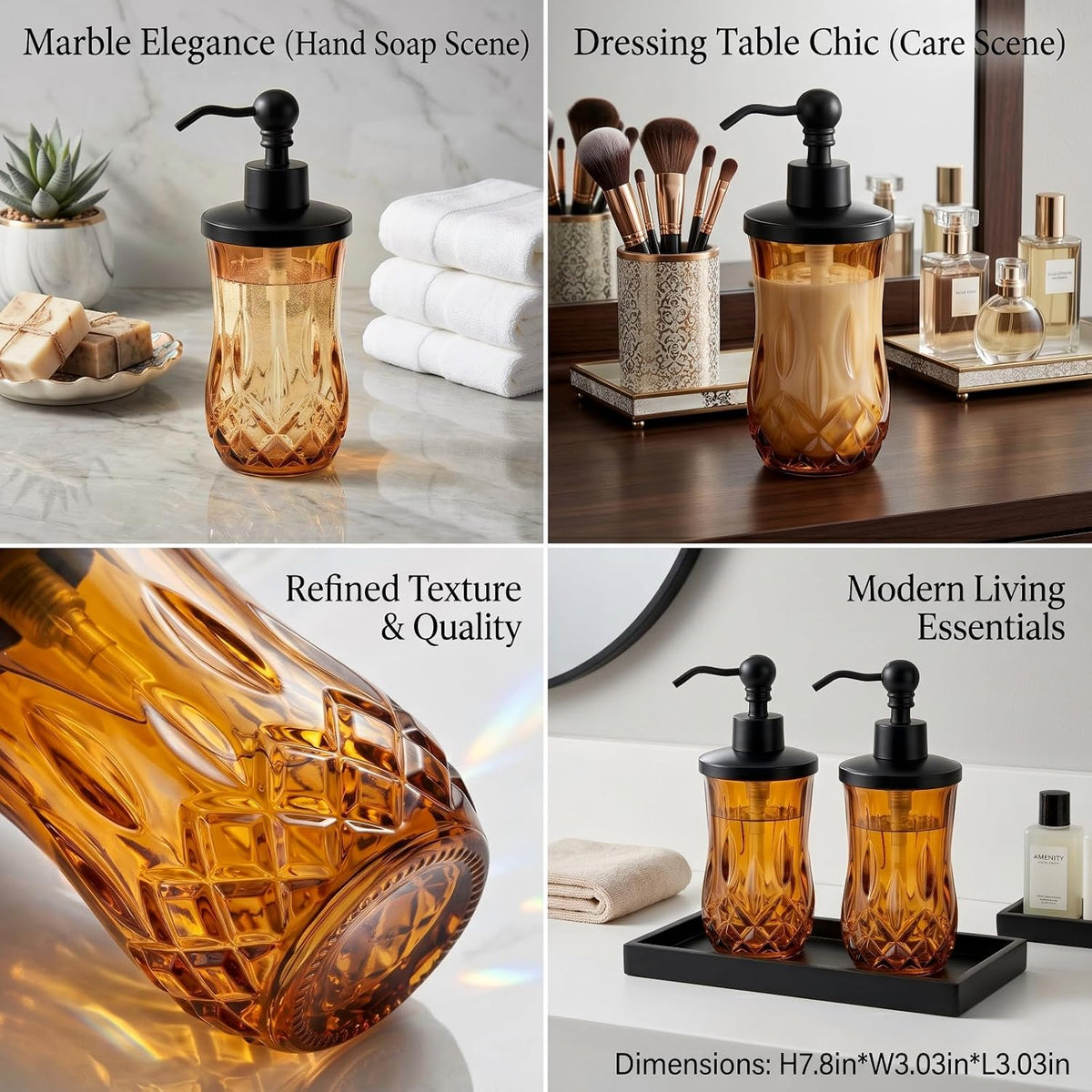 2 Pack 9Oz Amber Soap Dispenser, Round Thick Glass | Featured texture pattern, for lotion,hand soap or body wash for