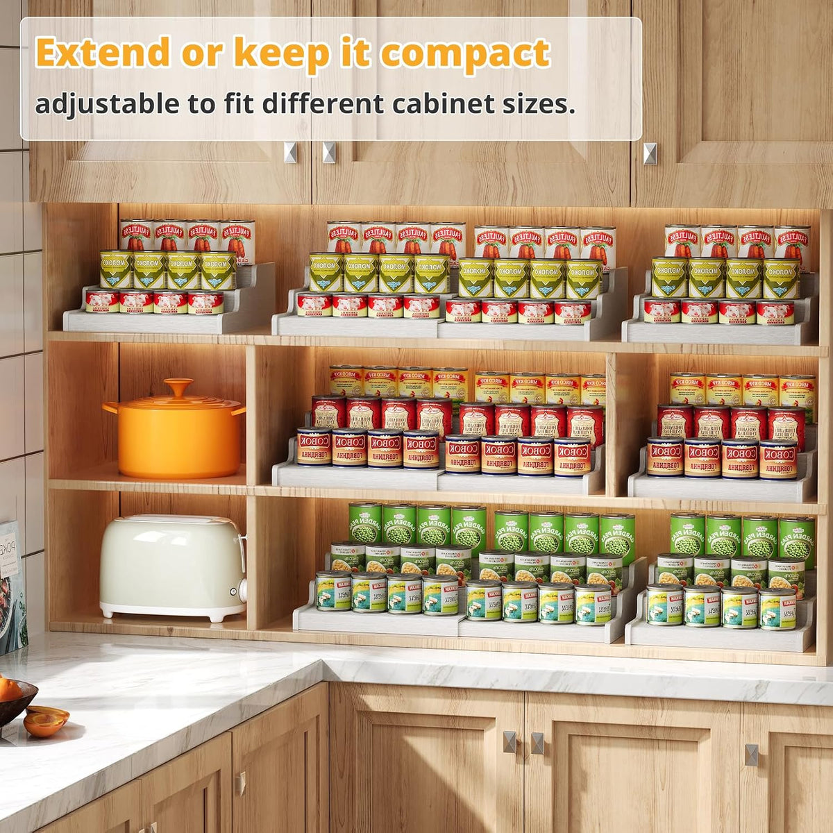 3-Tier Expandable Bamboo Can Organizer for Pantry, Holds 24 Cans, White | Adjustable Can Storage Rack for Kitchen