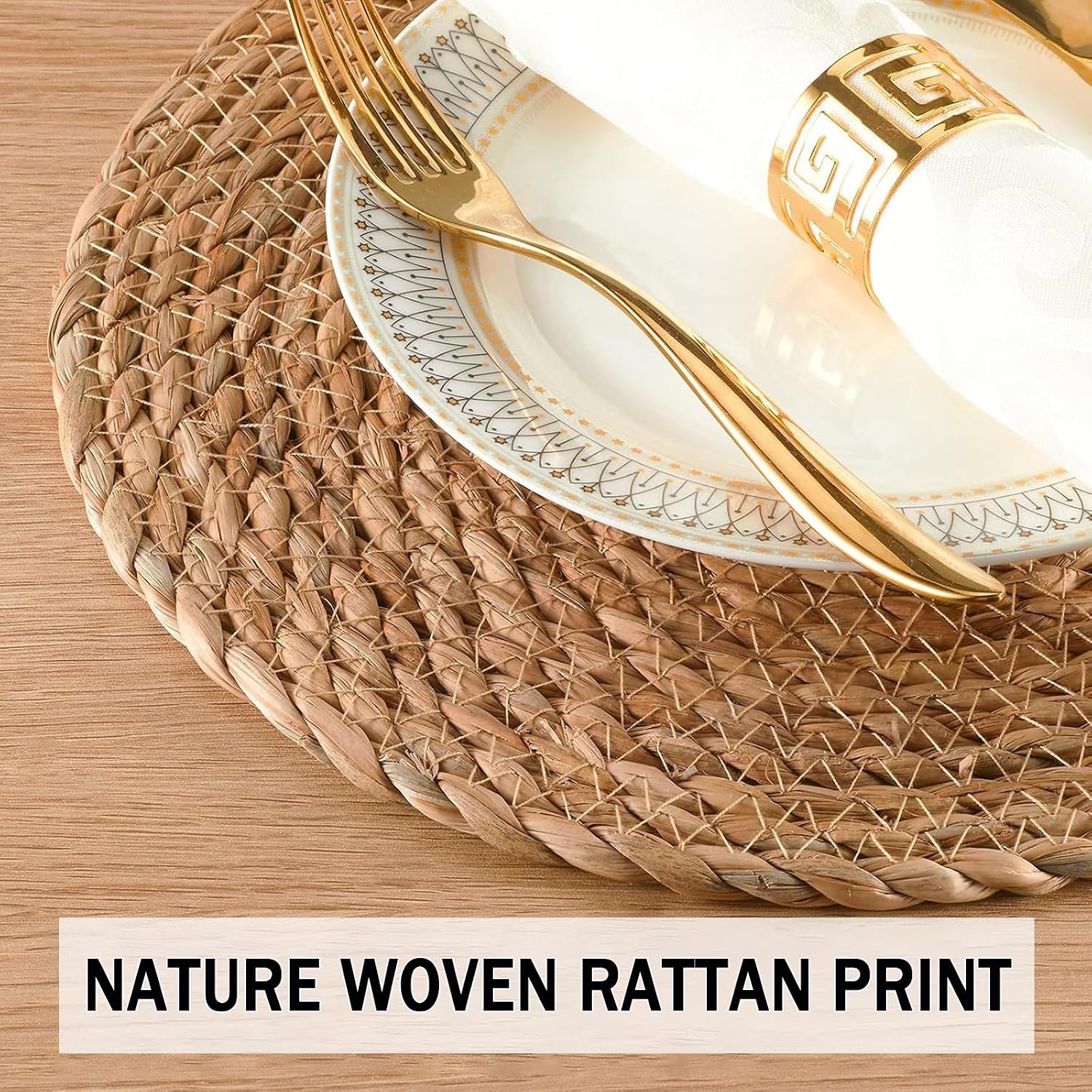 Handmade Heat Resistant 13" Round Woven Placemats Set of 8, Wicker Boho No Chemical Natural Water Hyacinth Place Mats
