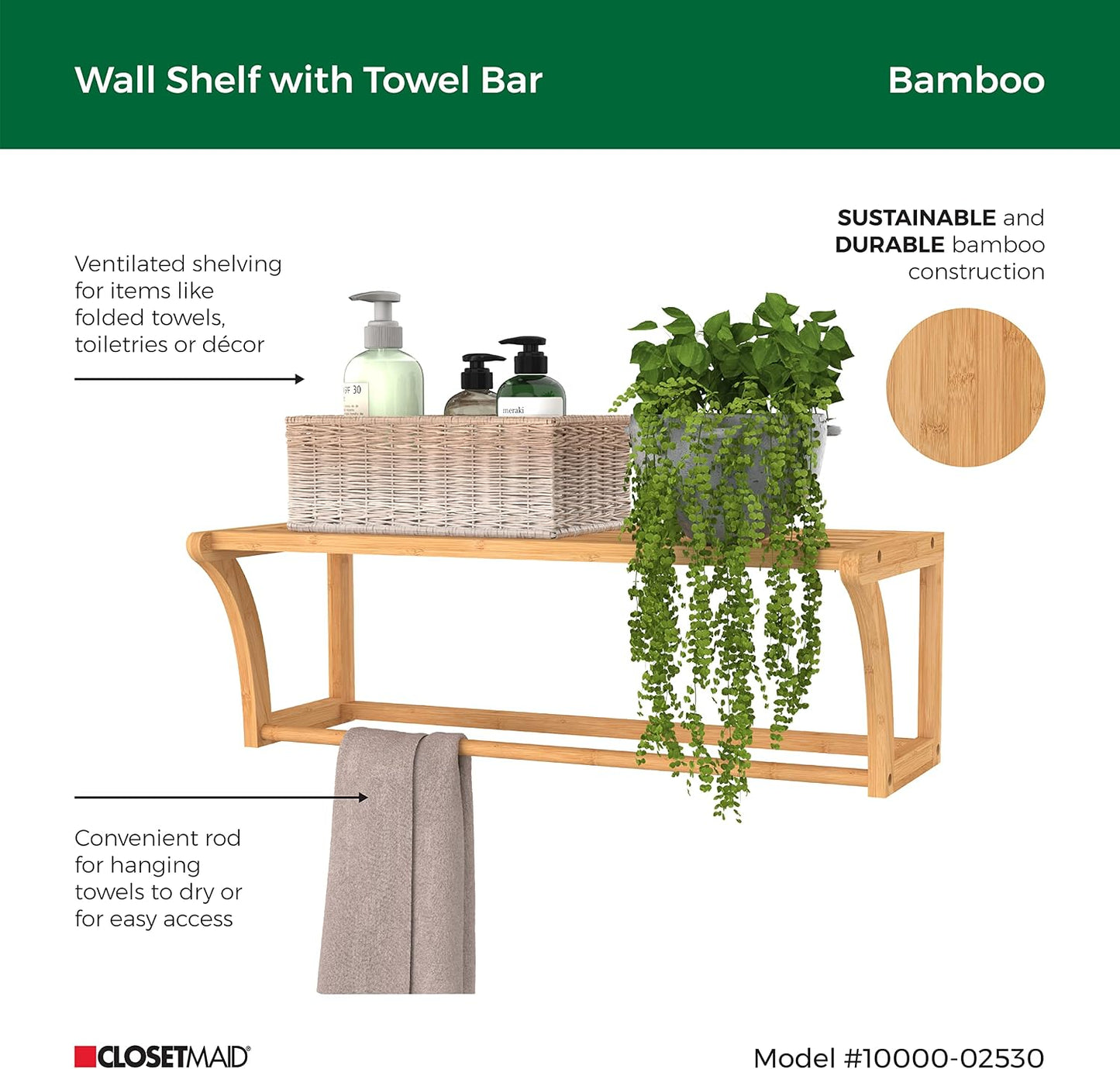 ClosetMaid Bamboo Wall Shelf with Towel Bar, Wall Mount Storage Shelves, Organizer Rack, Natural Finish