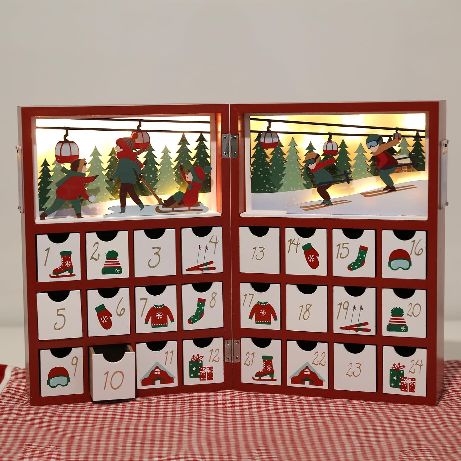 Christmas Wooden Advent Calendar Book with LED lighting Red Color Christmas Skiing Scenes Countdown Holiday Gifts with