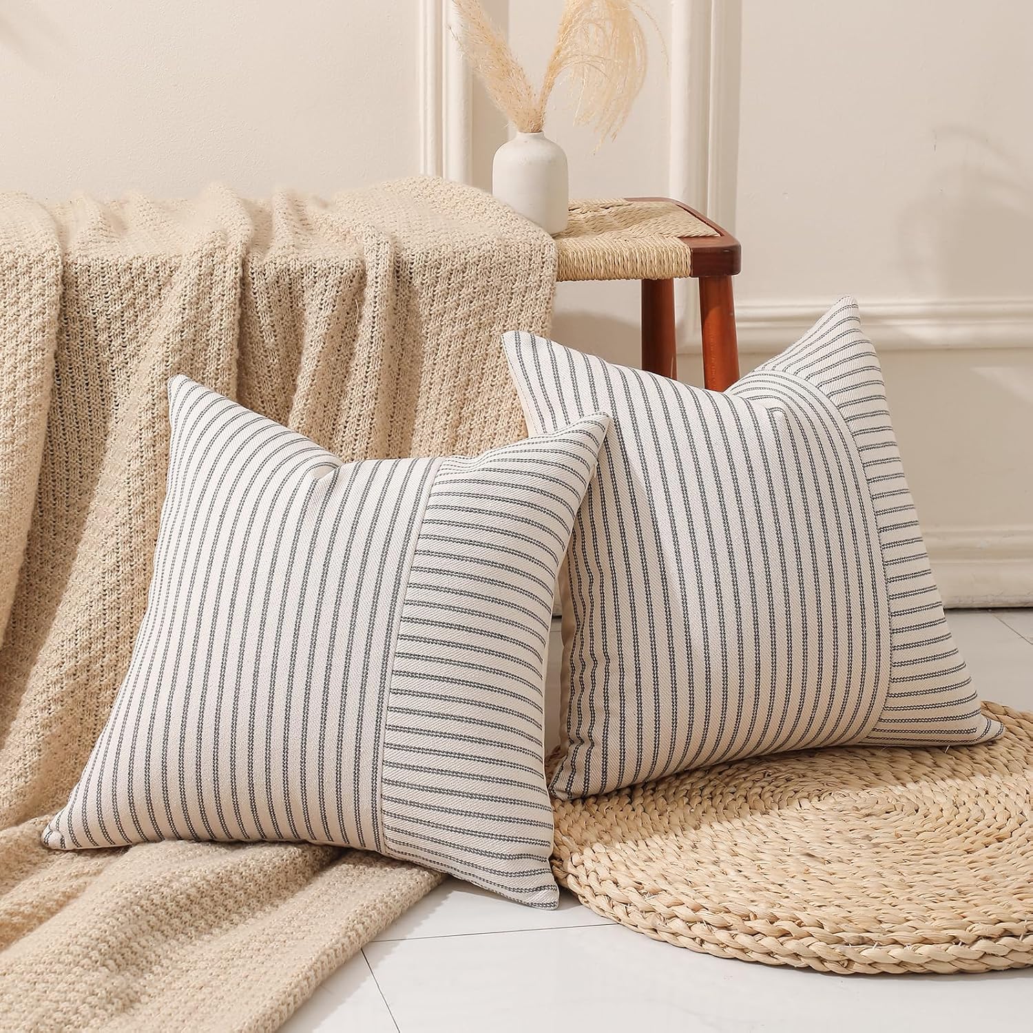 Farmhouse Throw Pillow Covers Striped Linen Decorative Pillows Case / Grey / 18 x 18 / Set of 2