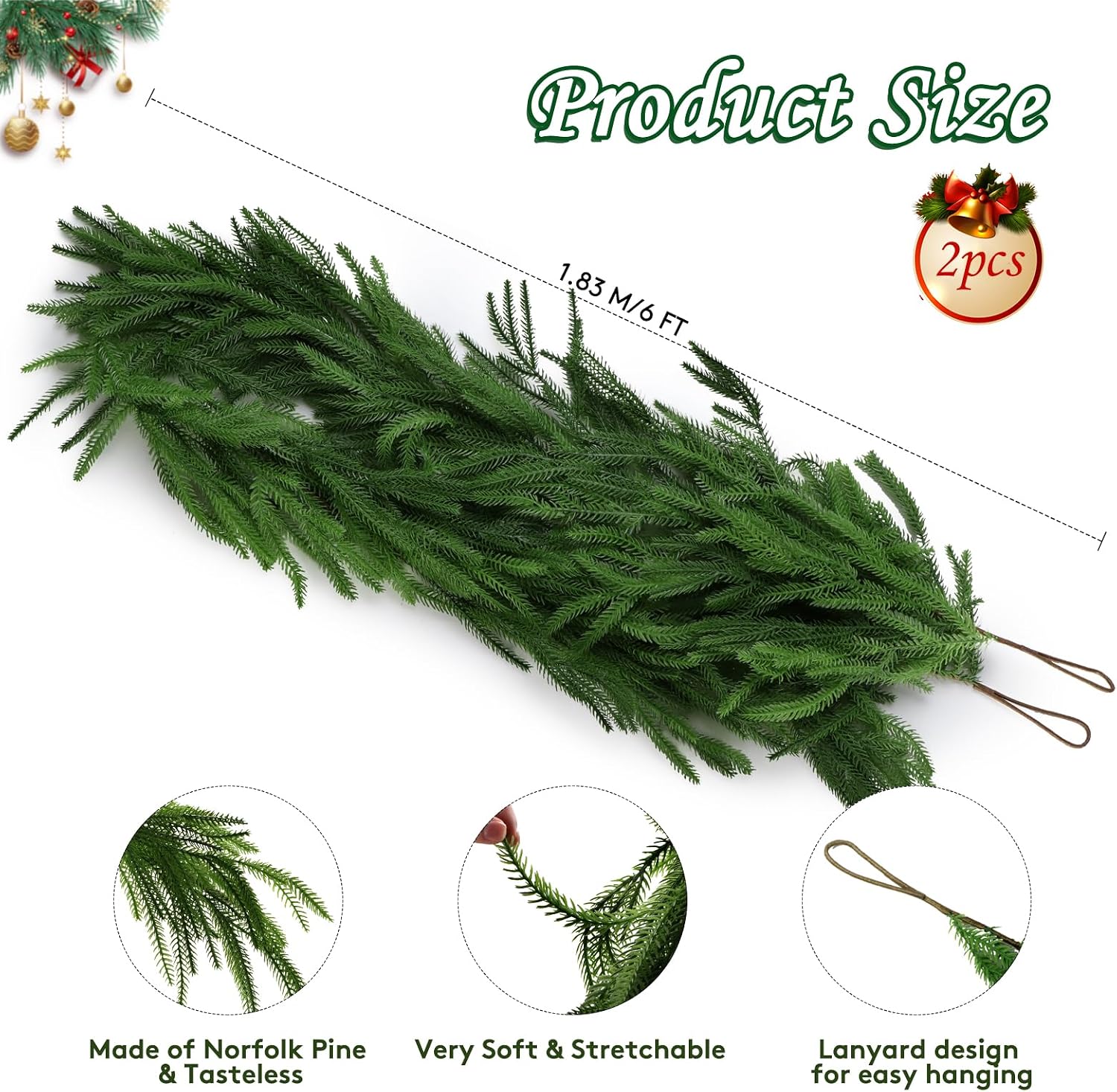 2 Pack Christmas Norfolk Pine Garland 6FT, Real Touch Greenery | Full Evergreen Garland for Mantle, Fireplace, Table