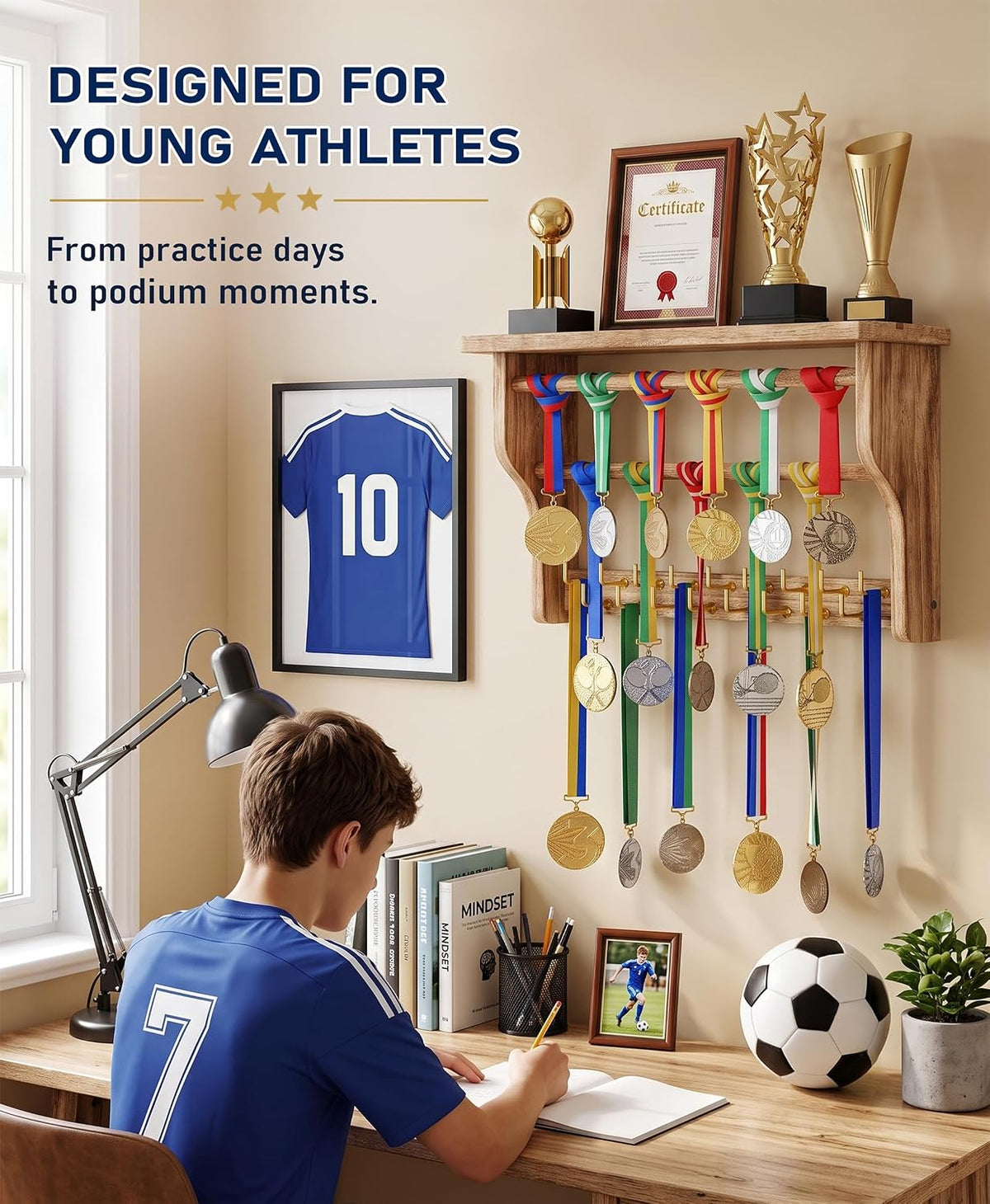 Medal Hanger Display, 3-Tier Solid Wood Trophy Shelf Rack | Medal Holder,2 Medal Bars,17 Metal Hooks,Heavy Duty