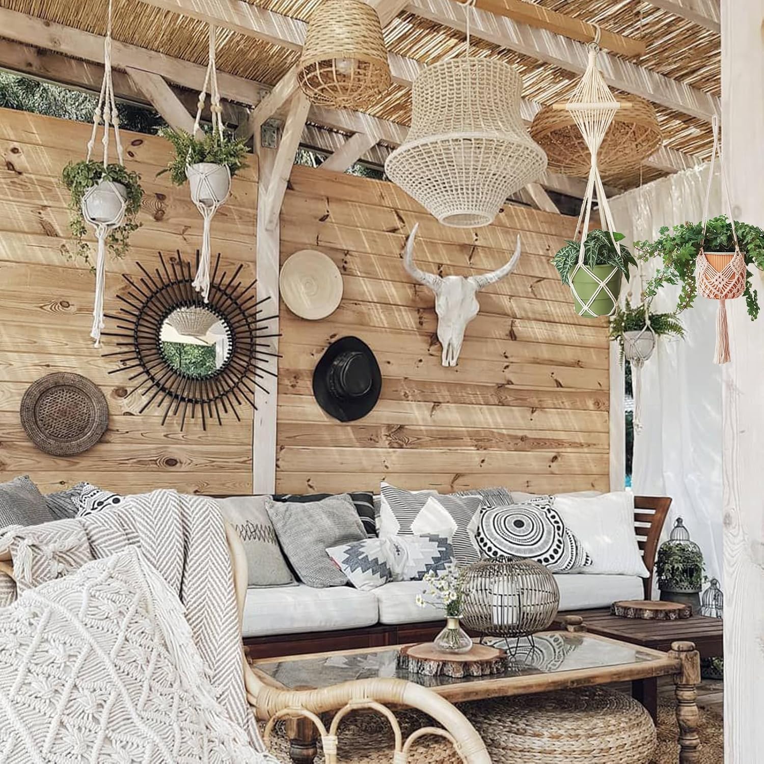 Boho Hanging Planters / White Hanger / 10 Inch / Set of 8