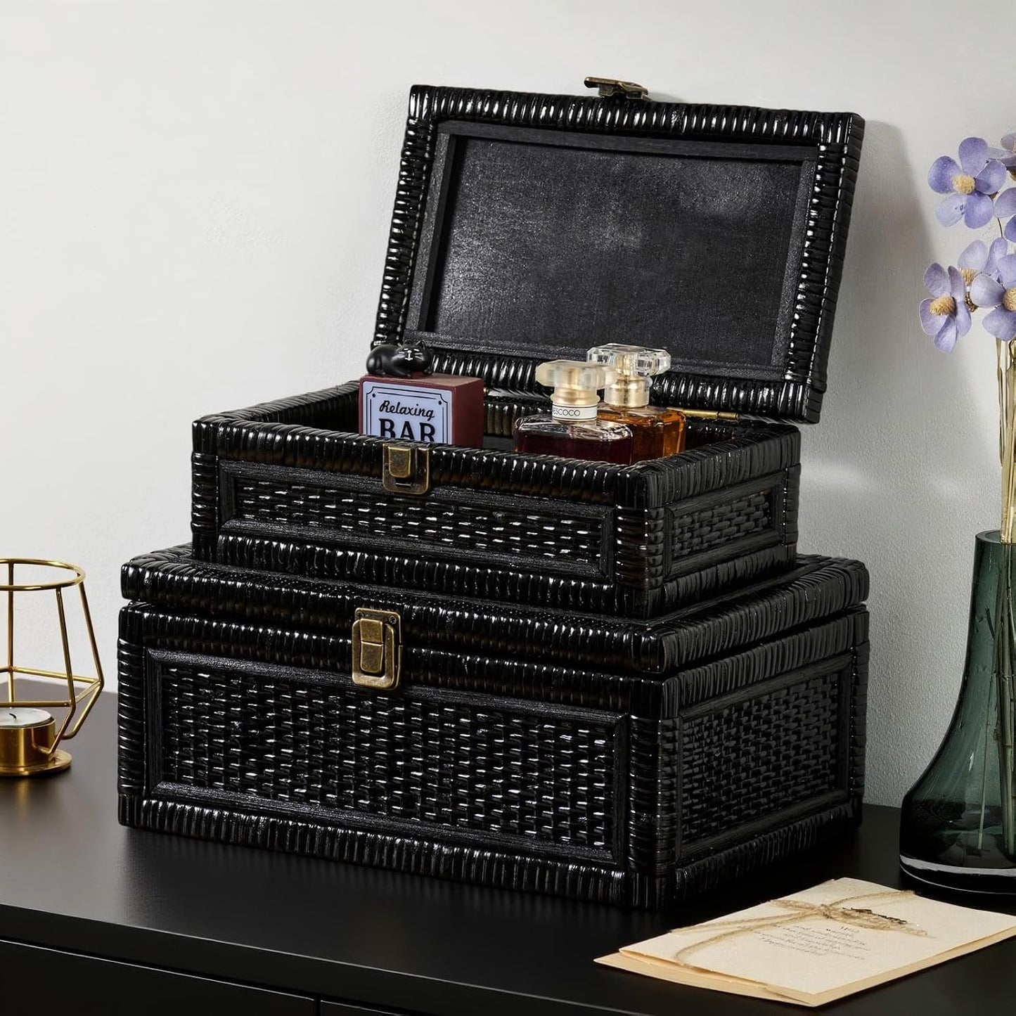 Lid Decorative Natural Handmade Boho Rattan Baskets Woven Wicker Cane Bins Keepsake / Small / Black