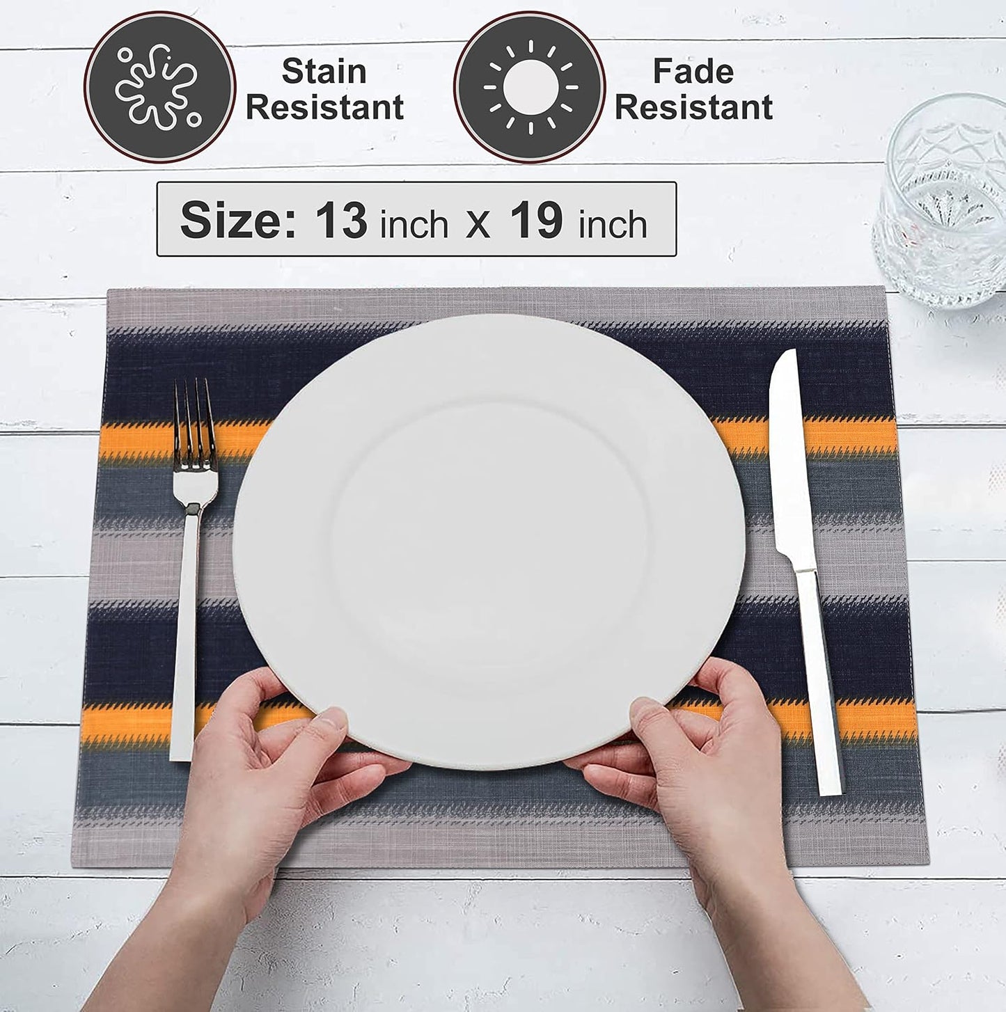 Ruvanti Placemats Set of 6, 100% Cotton Place Mats of 13"x19" – Stripes | Heat, Stain resistant, Washable, Non-Slip