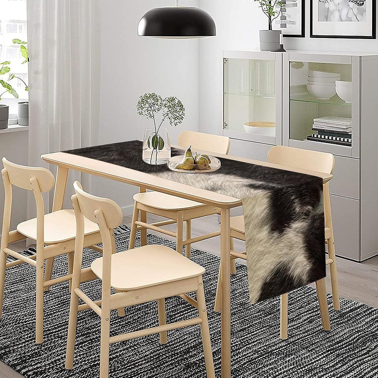 Cowhide Table Runner Black and White Milk Cow Western Style 3D Cow Fur Skin Texture Table Runner for Living Room