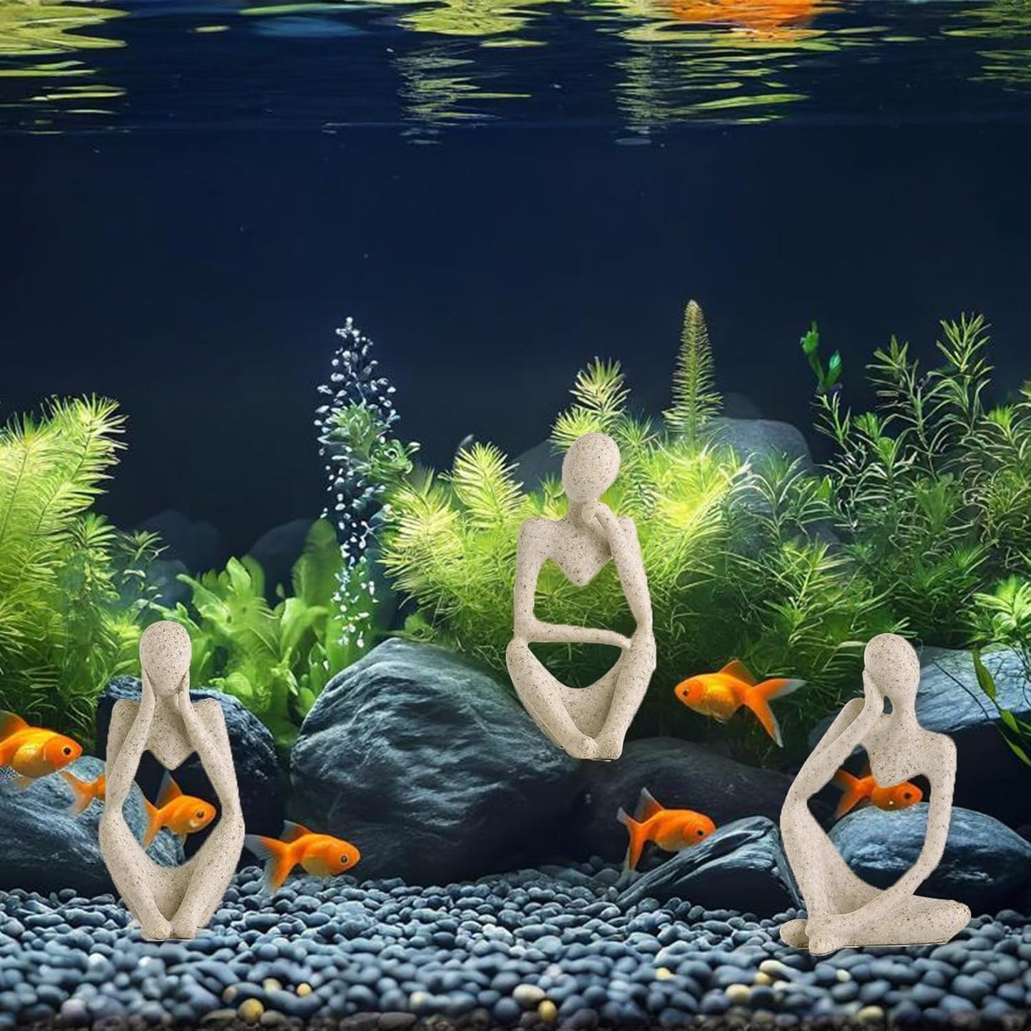 Fish Aquarium Decor Ornaments Minimalist Sandstone Fish Tank Decorations / Thinker Statue / Set of 3