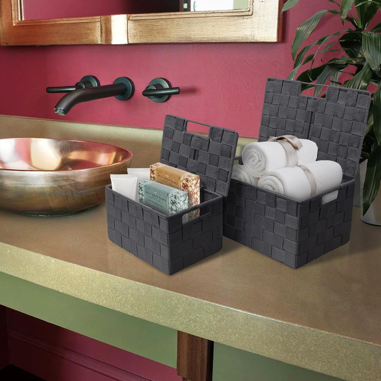 Hand-Woven Storage Baskets / Lid Bins / Gray / Set of 3