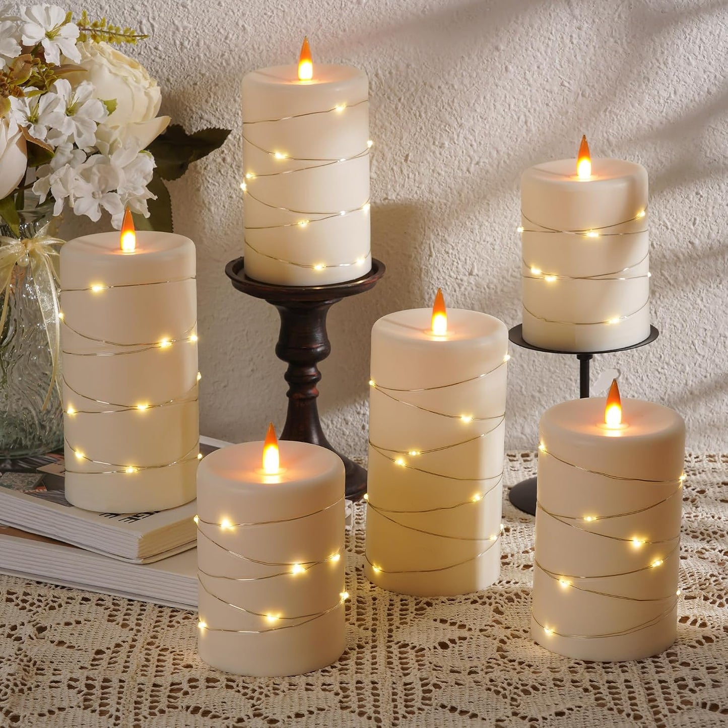 Upinmz 6 Pack Flameless LED Pillar Candles, Battery Operated Flickering Plastic Candles with Remote & Timer, Set for