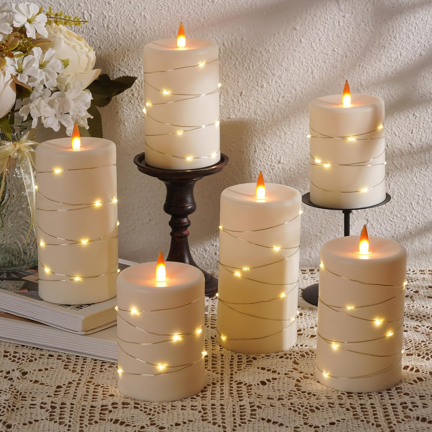 Upinmz 6 Pack Flameless LED Pillar Candles, Battery Operated Flickering Plastic Candles with Remote & Timer, Set for