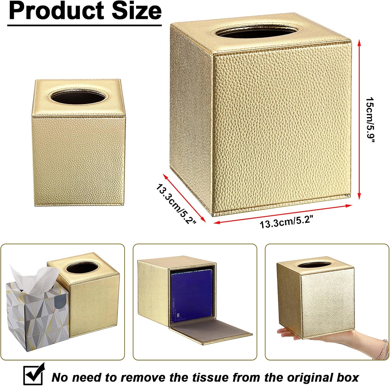 Tissue Box Cover Square Tissue Box Stylish PU Tissue Box Holder / Gold