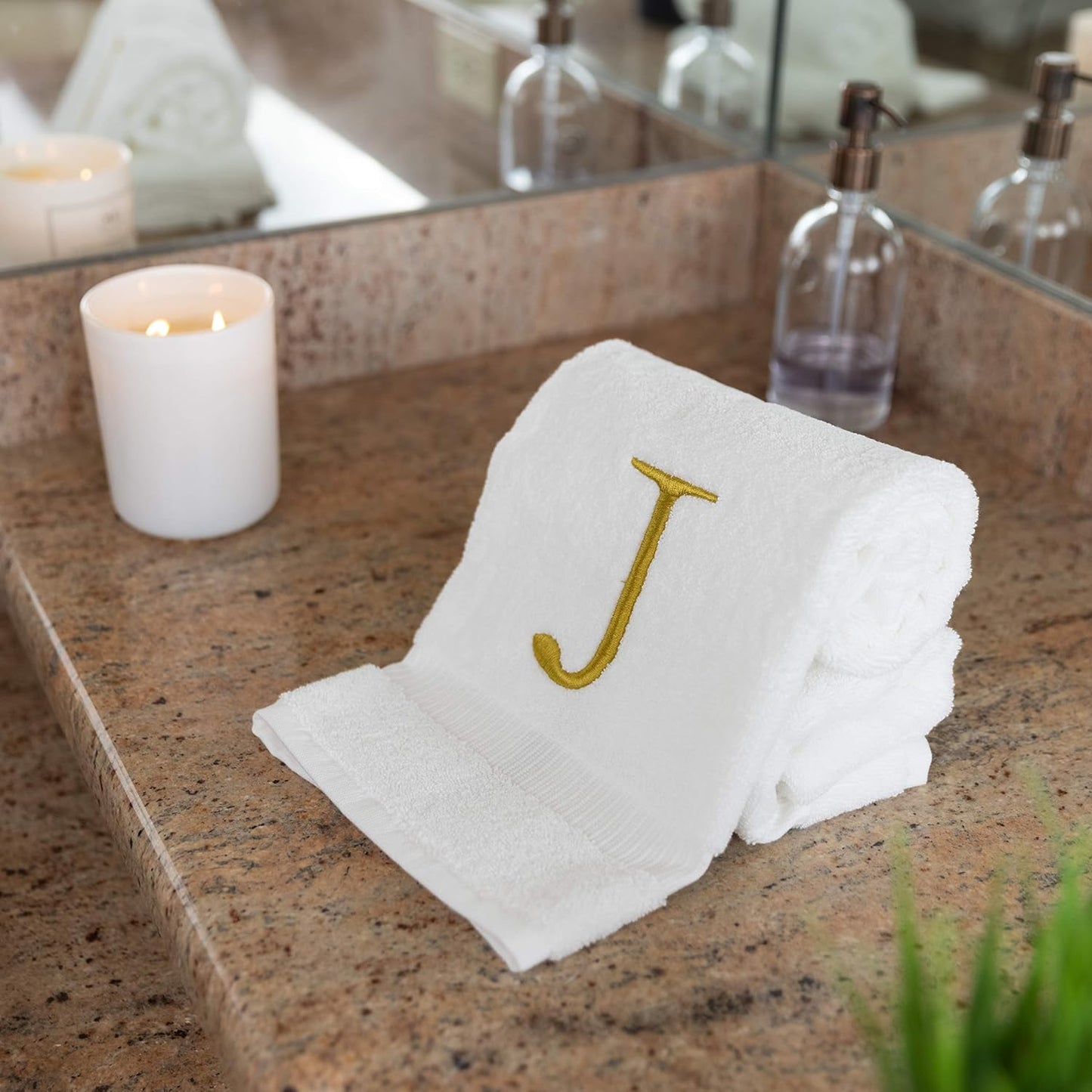 White with Gold Monogrammed Hand Towels for Bathroom - Set of 2 Letter J | Luxury Hotel Quality Initial Towels For