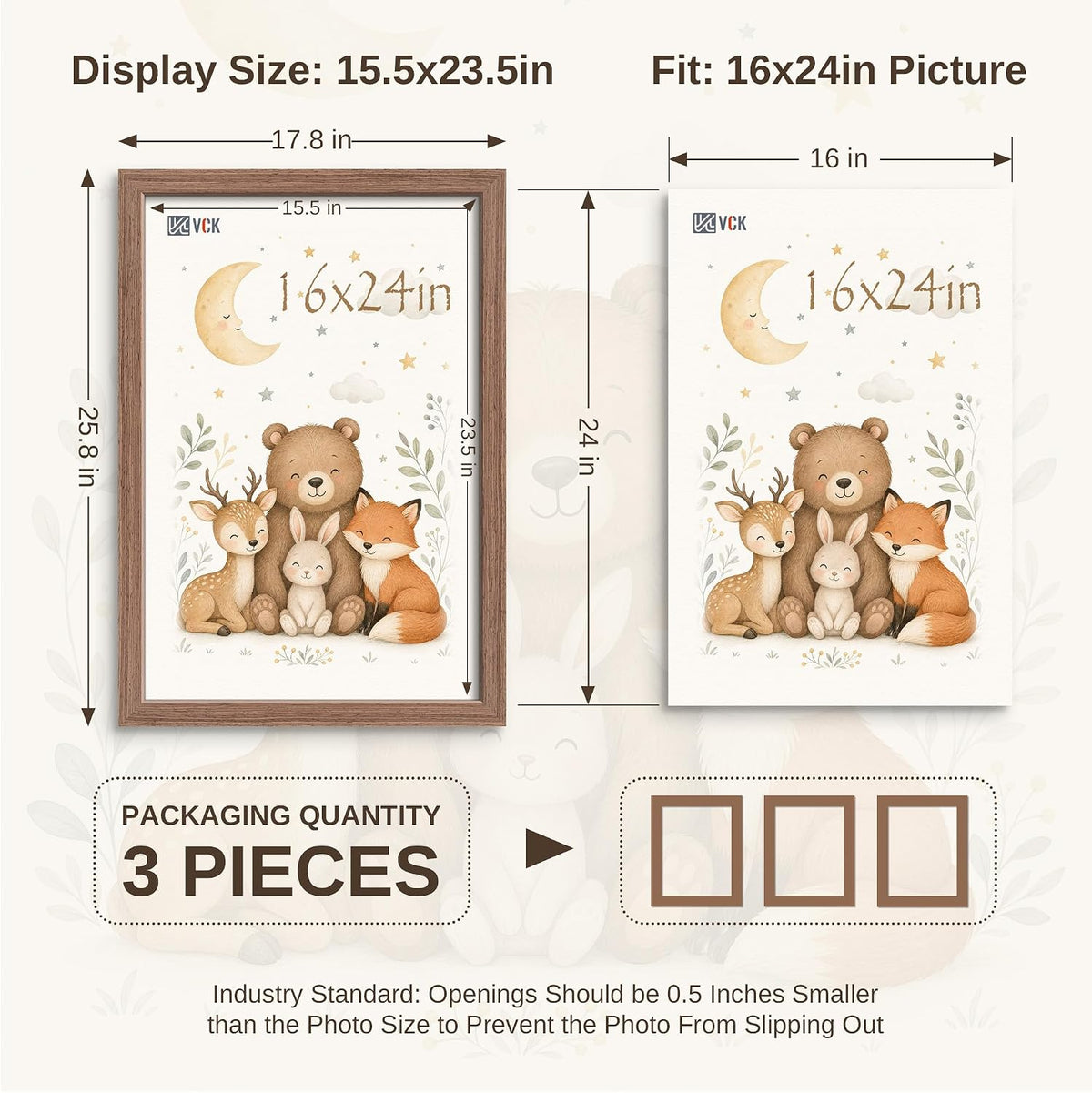 VCK 16x24 Picture Frames Set of 3, Walnut Woodgrain, Wall Hanging | Wide Border, Exclusive Woodgrain, Shatterproof